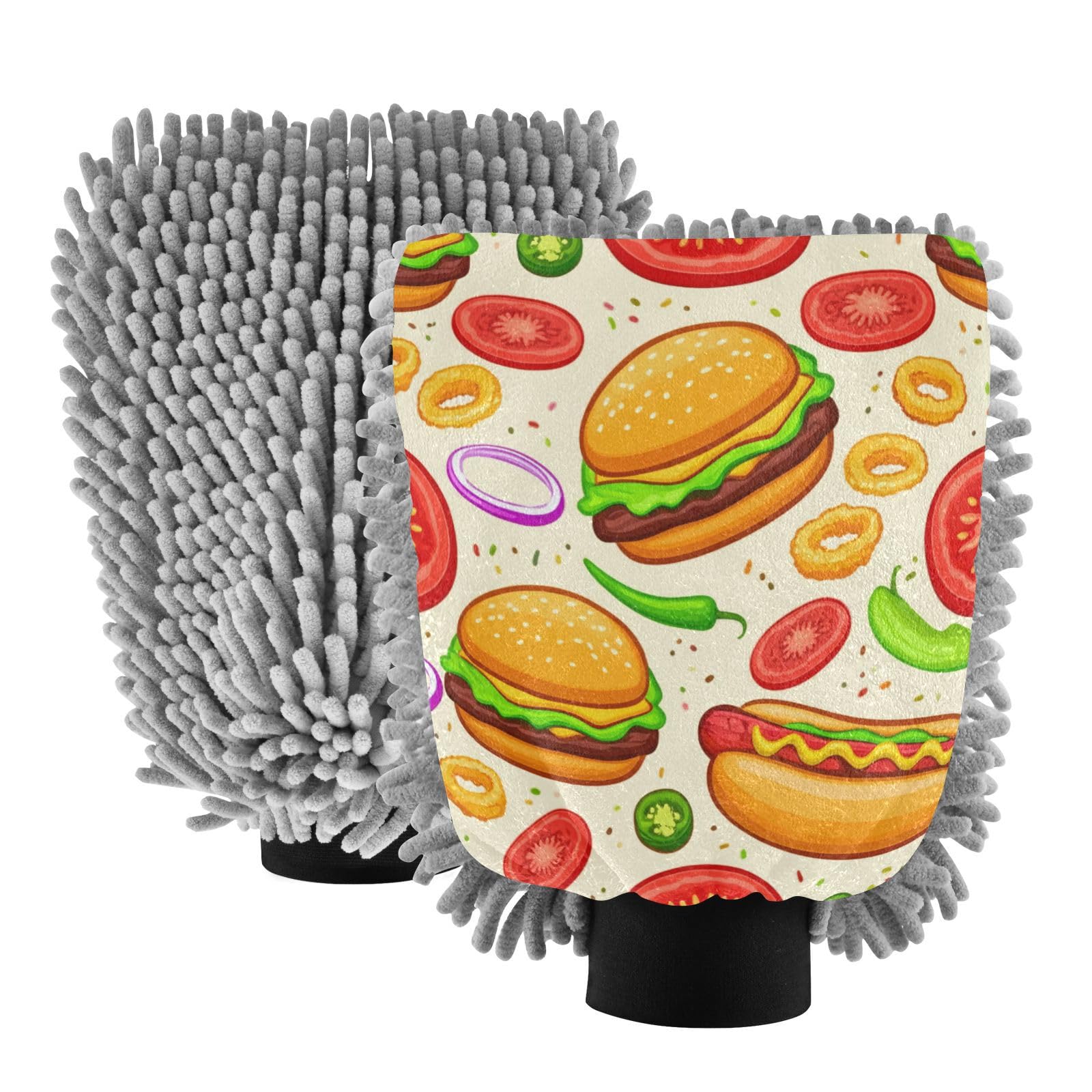 Kigai Cartoon Hamburgers Car Wash Mitt Microfiber, 2Pcs Scratch Free Lint-Free, Premium Chenille Microfiber Mitt Car Wash Brush-M