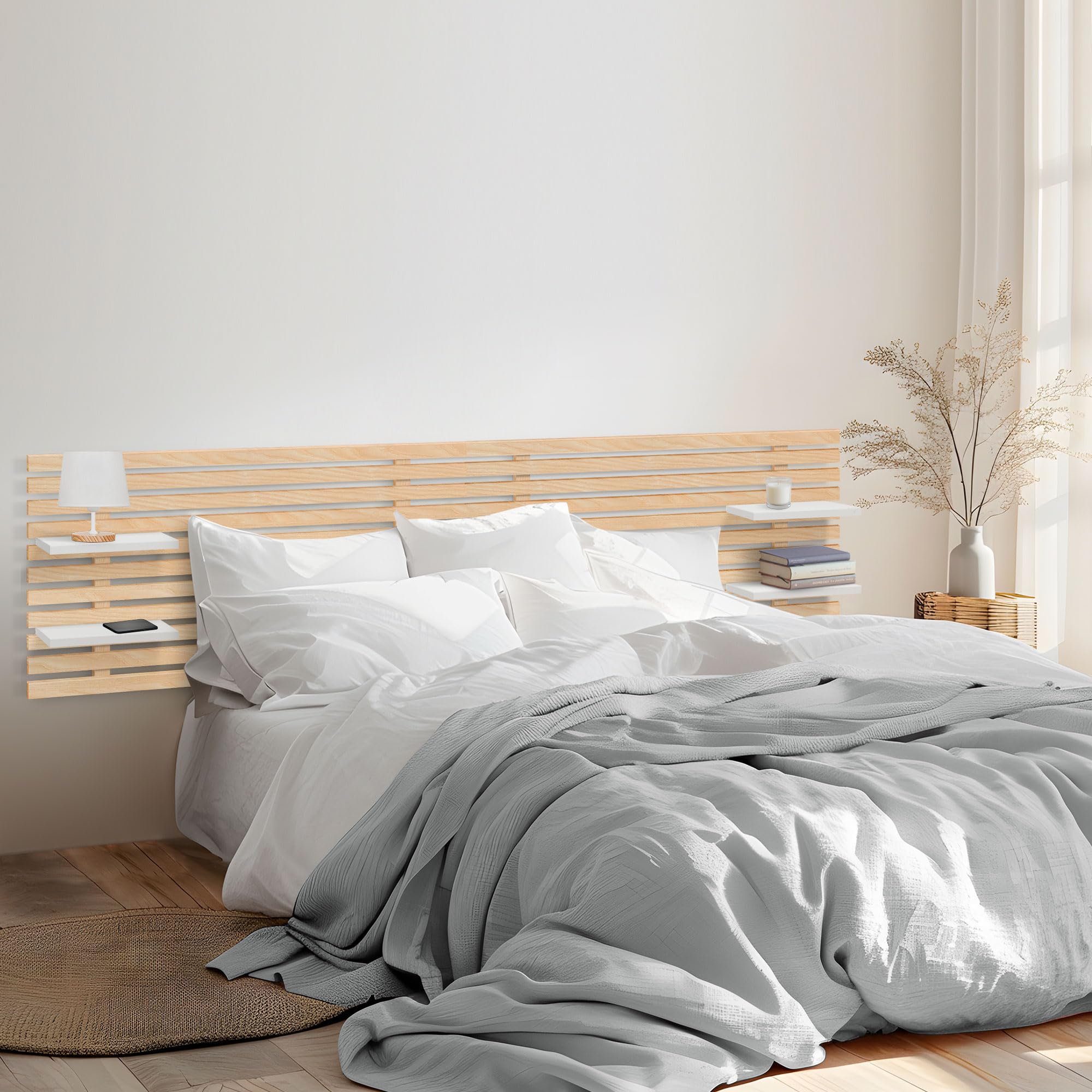 DHOME Cabecero con Estantes de Madera reciclada DM Colgante Pared Estilo Japonés Cama Vintage Nordico Herrajes incluidos (Madera Natural/Blanco, 290cm)