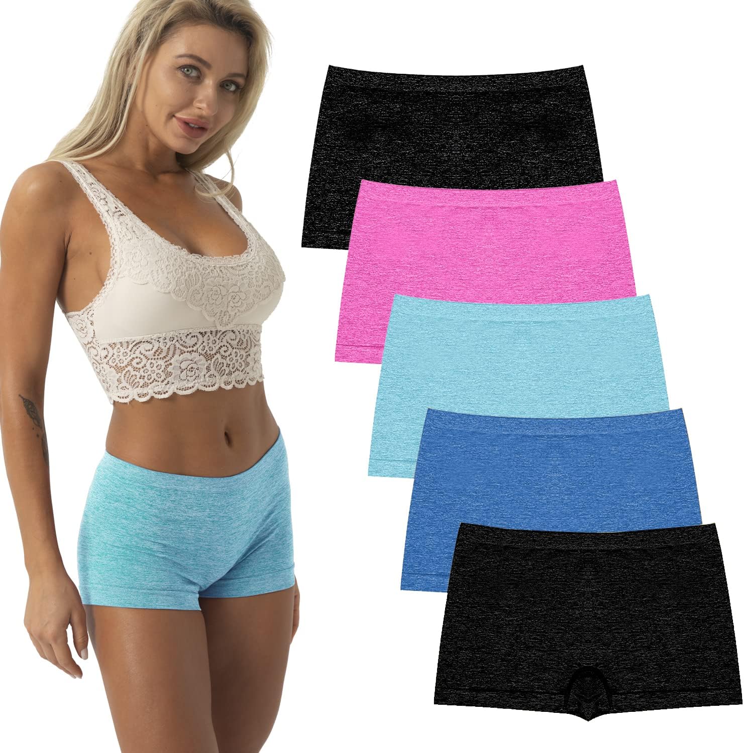 R RUXIAWomen's Boyshorts Underwear Seamless Boy Shorts Panties Soft Stretch Boxer Briefs 5 Packs(Regular & Plus Size)