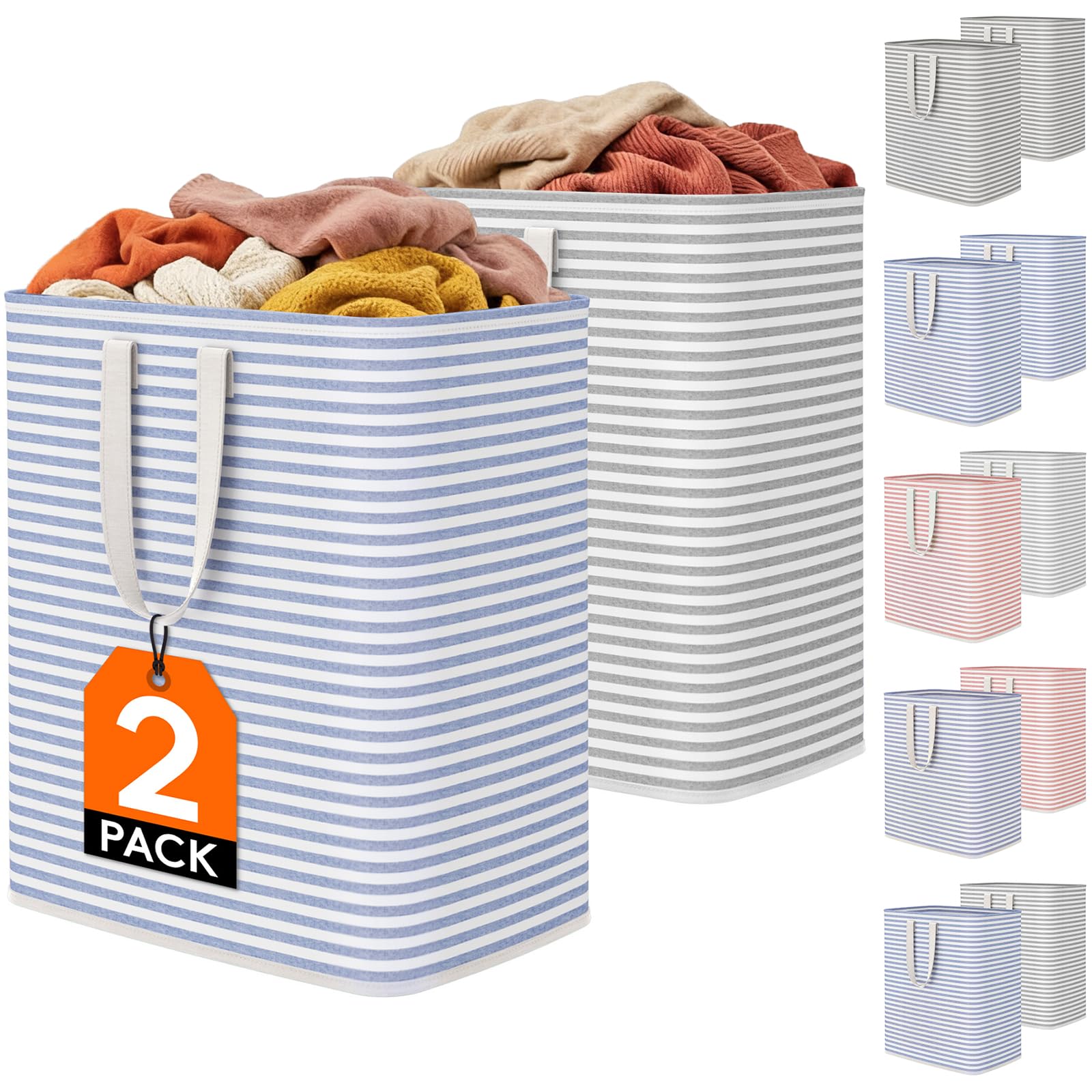 Lifewit 2 Pack Laundry Basket 100L Each, Collapsible Clothes Hamper with Reinforced Handles, Freestanding Waterproof Design for Bedroom and Laundry Room, Grey&Blue 200L Total
