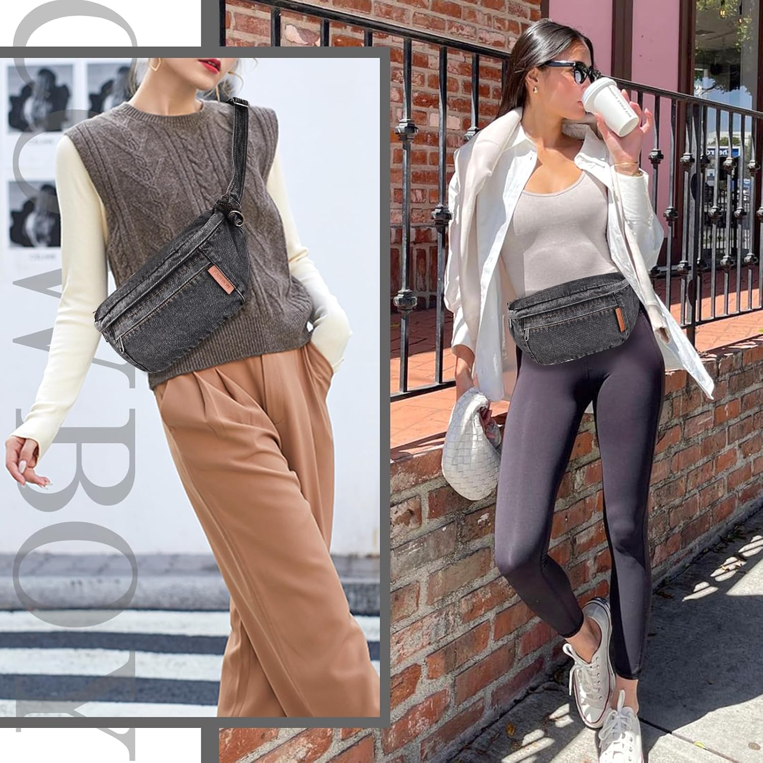 Denim Fanny Pack Large Chest Bag Jean Purses for Women Denim Purse Crossbody Bags with Adjustable Strap (Black) - Image 3