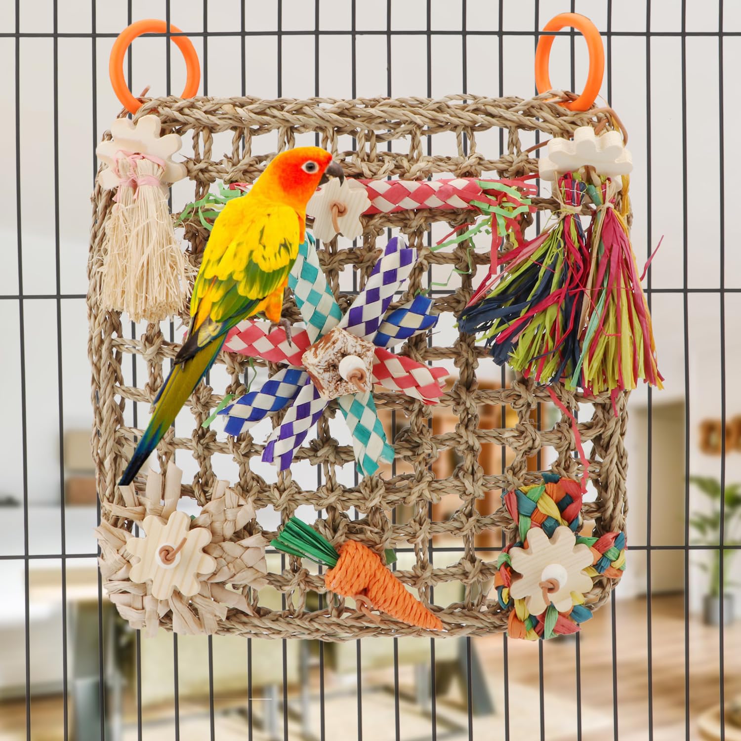 Hypeety Bird Toys Parrot Foraging Toys Bird Chew Toys Parakeet Shredding Seagrass Climbing Mat with Various Toys for Conure, Cockatiel, Lovebird, Parakeet, Budgie (L(Carrot)) - image 6