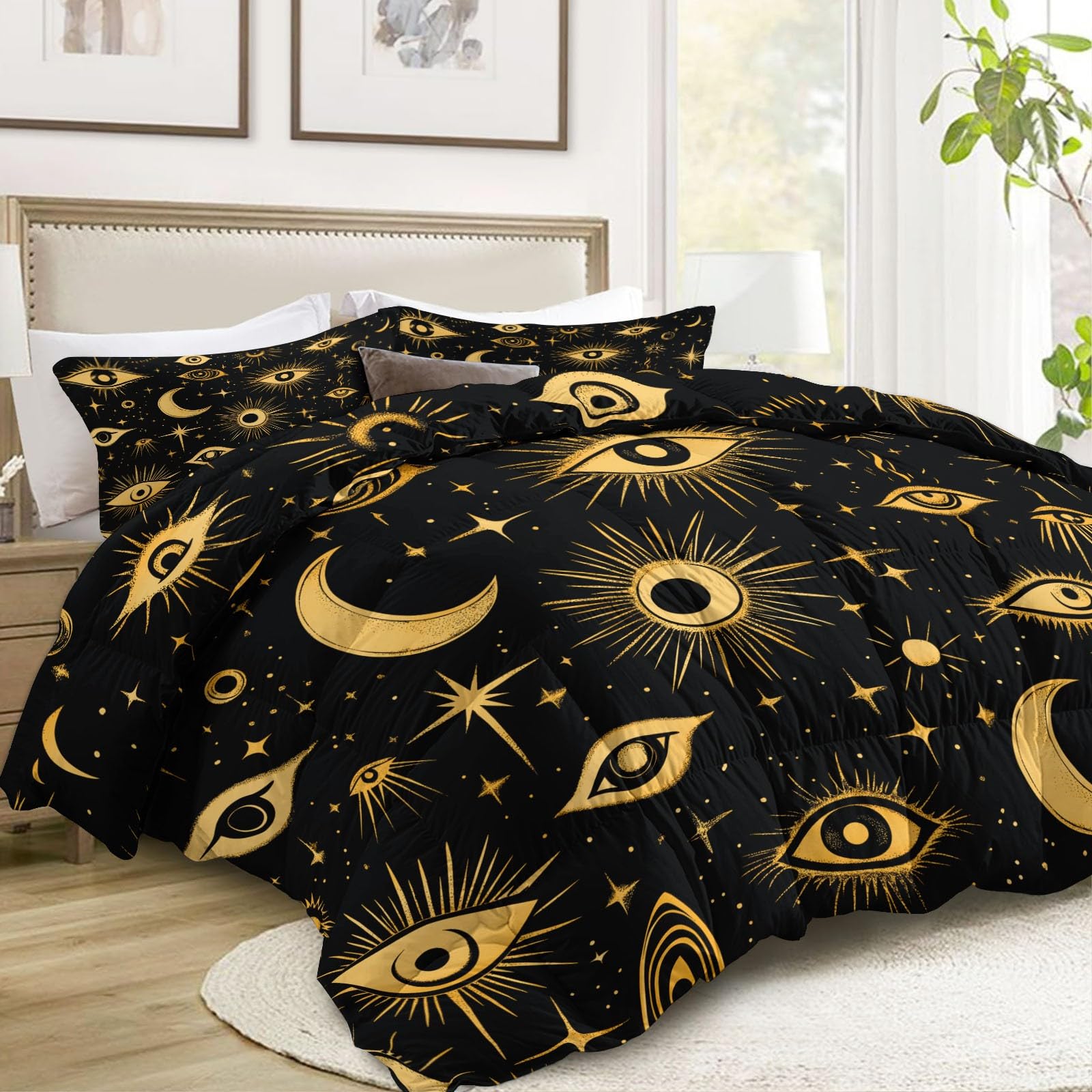 Generico Zimowa podwójna kołdra puchowa 200 x 200 cm, tajemnica Cosmo Eyes, 400 g/m², ciepła i elegancka, antyalergiczna i oddychająca pościel 3-częściowy, kolor czarny