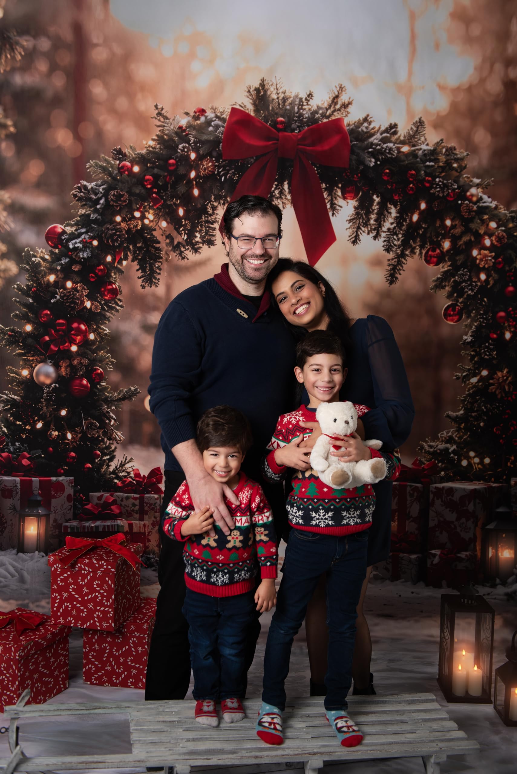 Fondali fotografici natalizi Kate 3x2.5m/10x8piedi Inverno Arco natalizio Arco Foresta Illuminata dal sole Sfondo regali Compleanno per bambini Ritratto di famiglia Sfondo fotografico