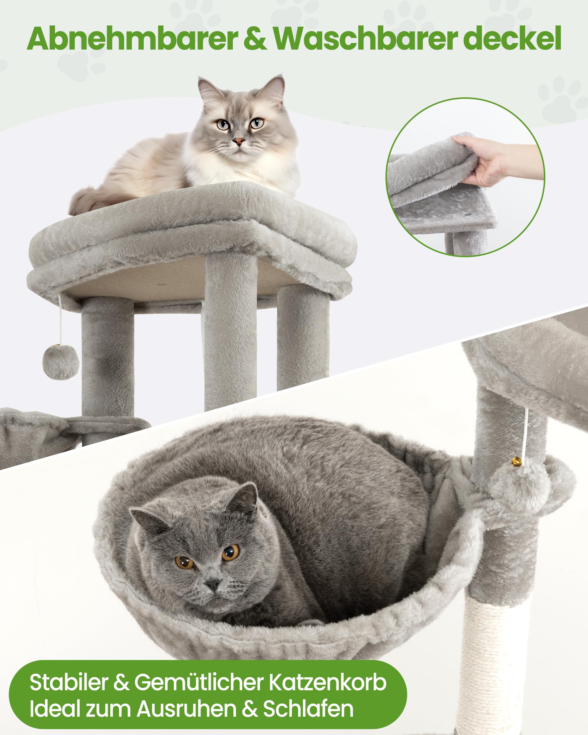 Kratzbaum Groß, Kratzbaum Grosse Katzen Stabil 170 cm hoch - Katzenbaum XL, Mehrstöckiger Katzenbaum Grau mit 4 Kratzsäulen, 6 Plüschbälle, Plattformen, Höhlen, Hängematte - Cat Tree Tower