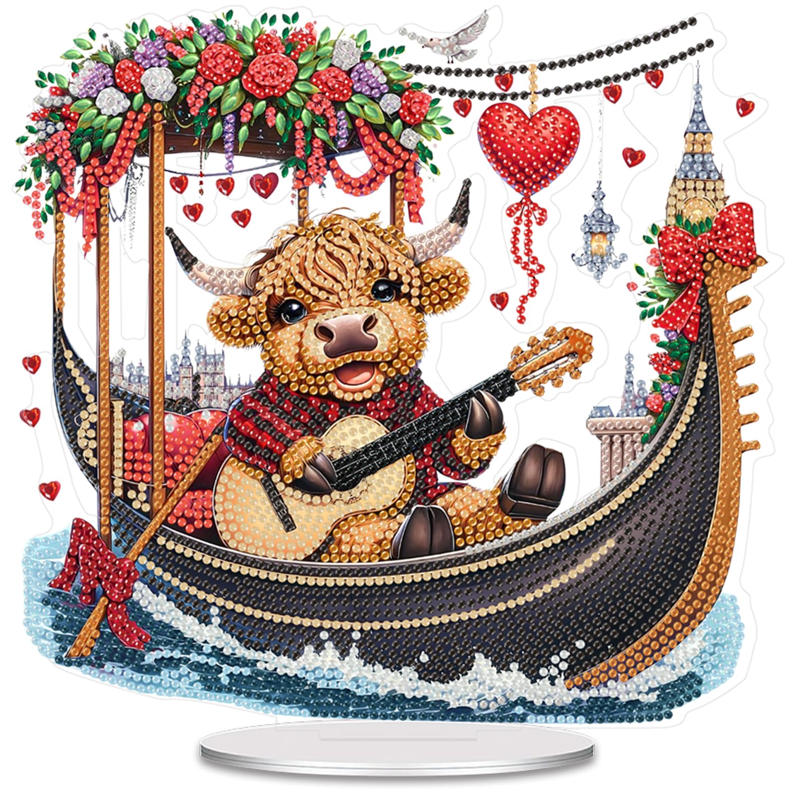 5D Diamond Art Painting Kits for Adults, Diamond Art Tabletop Ornament with Special Shaped Diamonds, DIY Desktop Decor Stand - Festive Holiday Craft Gift(Cow Playing Guitar)