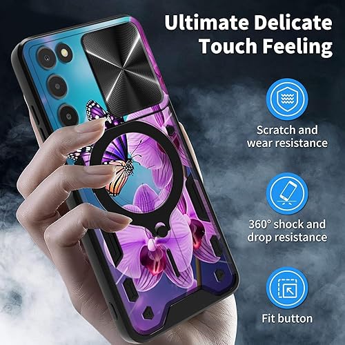 Vista 362 de Funda para Samsung Galaxy A13 5G con cubierta deslizante para lente de cámara y anillo giratorio de 360 grados, soporte híbrido de doble capa Flores
