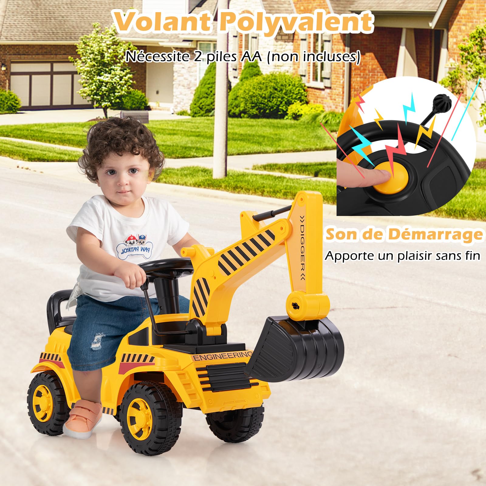 COSTWAY Tractopelle Enfant avec Pelle Réglable & Son du Moteur, Pelleteuse Enfant avec Bloc Anti-basculement, Espace Caché, Charge 15KG, Excavateur pour Enfant de 19-36 Mois