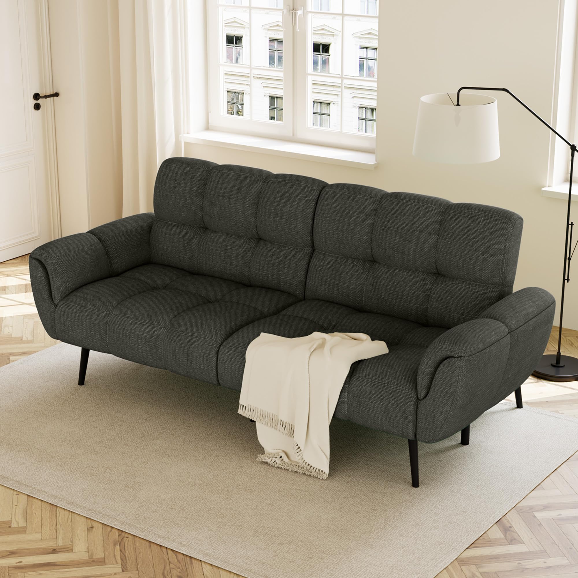 JIEXI Modern Clic Clack Sofa Bed Double, 3 Seater Fabric Couch with Adjustable Backrest, Small 2 Seater Settee Guest Bed for Living Room Office Apartment, 190cm (Dark grey)