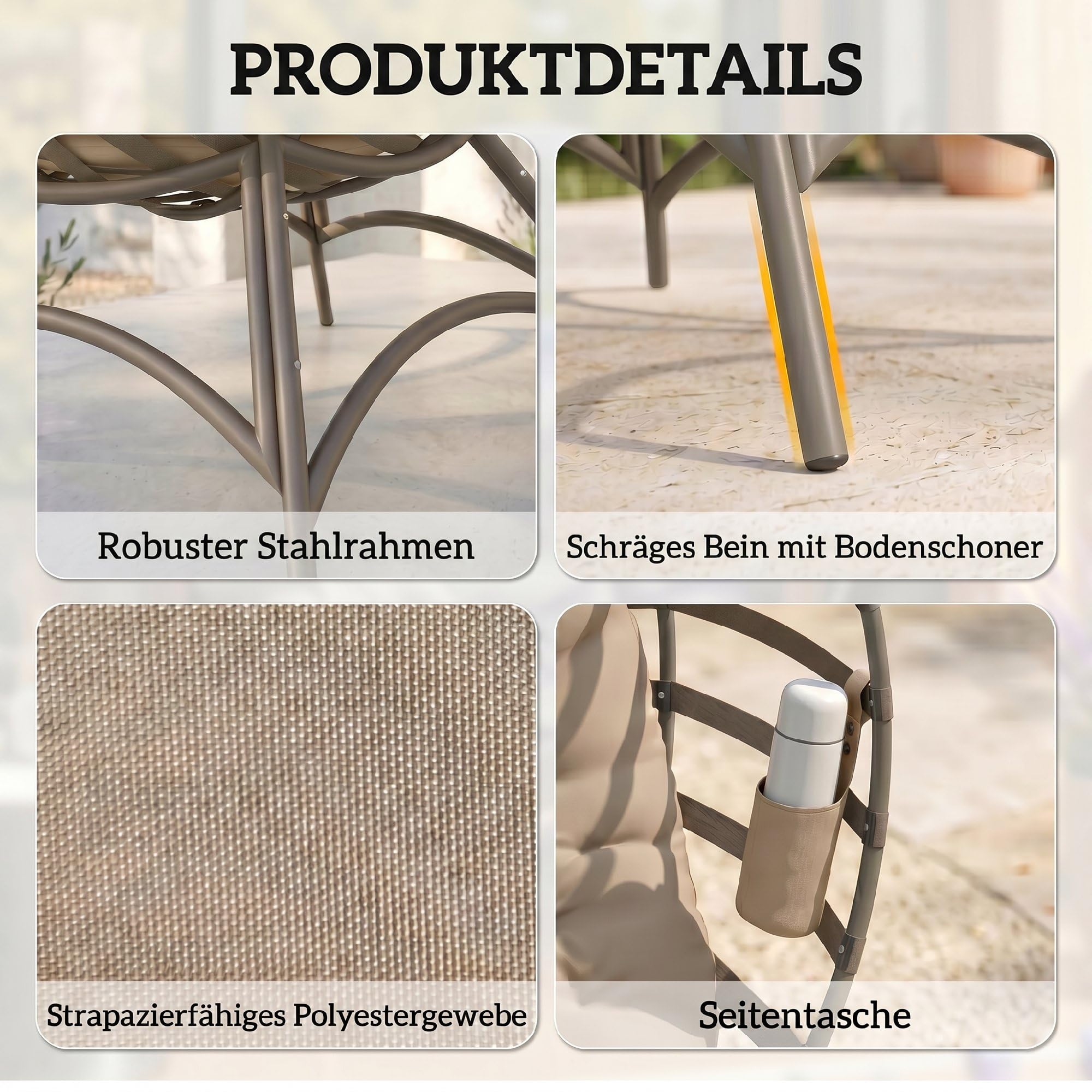 Outsunny Papasansessel mit Kissen Faltbar 118 x 77 x 139 cm Sandbraun | Gartenstuhl, Korb-Stuhl Oval, Loungesessel, Korbsessel Outdoor, für Balkon Terrasse Indoor, Stahl