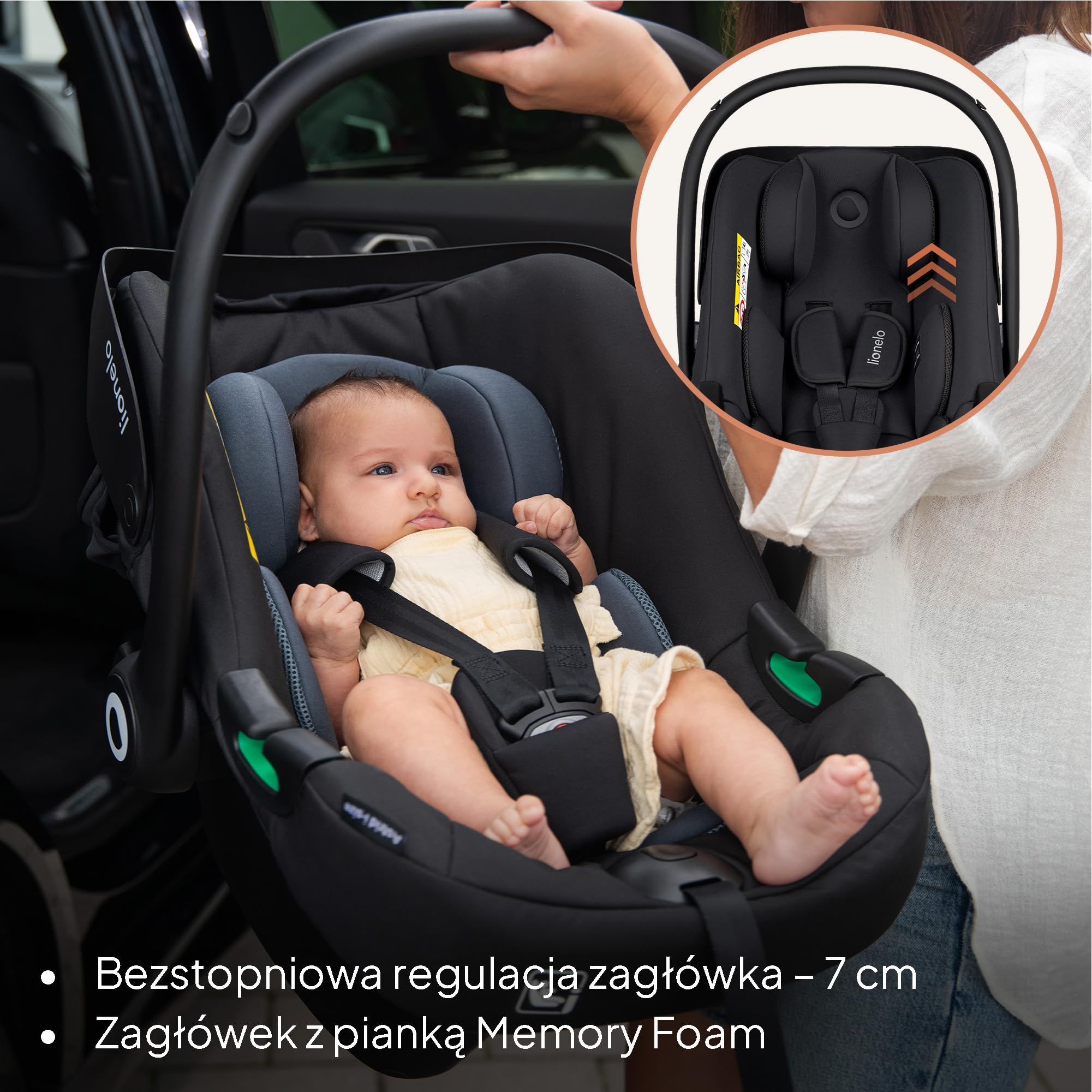 Lionelo Astrid i-Size zestaw fotelika samochodowego 40-87 cm z podstawą ISOFIX i podpórką, R129 i-Size nosidełko dla niemowląt 0+, ADAC 5 Safety, skierowany tyłem do kierunku jazdy, kompatybilny z