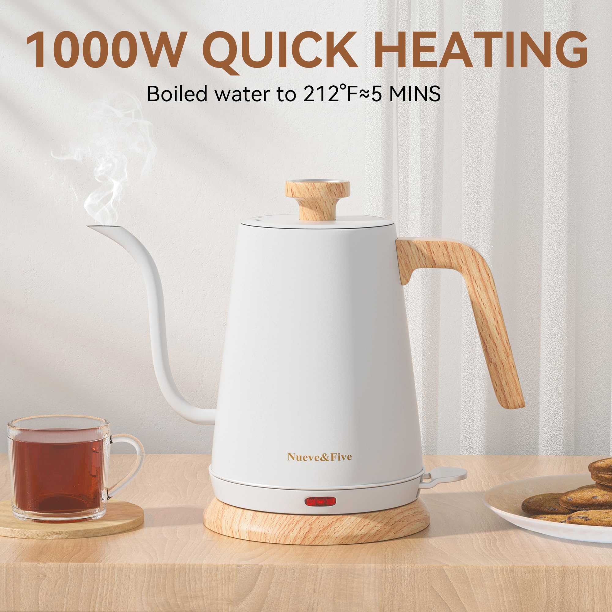 Nueve&Five - Bouilloire électrique col de cygne avec thermomètre, bouilloire électrique de 1 L avec arrêt automatique, bouilloire d'eau chaude en acier inoxydable de 1000 W pour café et thé, couleur