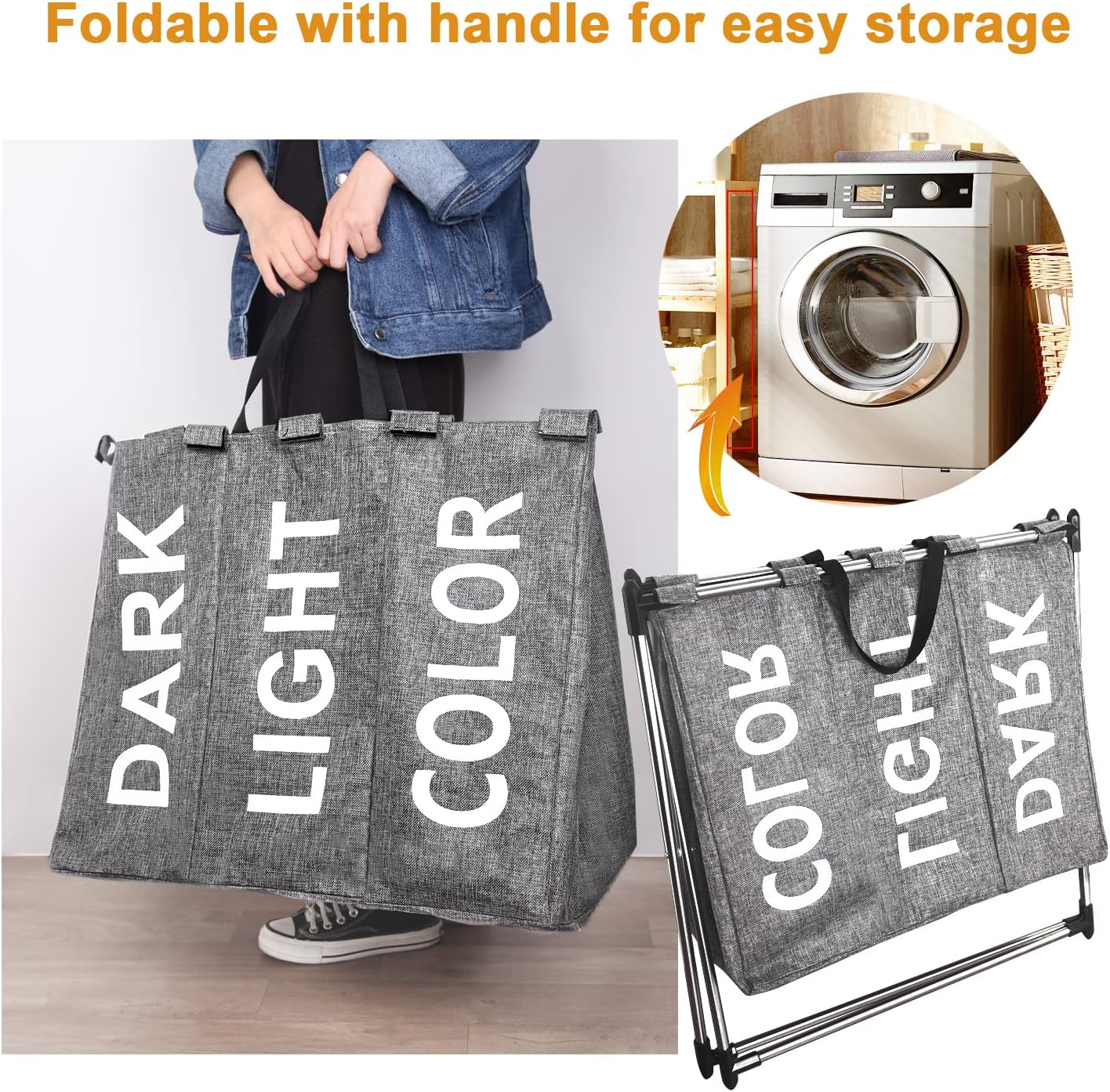 X-cosrack Laundry Hamper Sorter - Stainless Steel X-Frame Basket with 3 Section, Thick Cotton & Linen, Mesh Bundle Pocket with Handles for Home, Collapsible, Grey