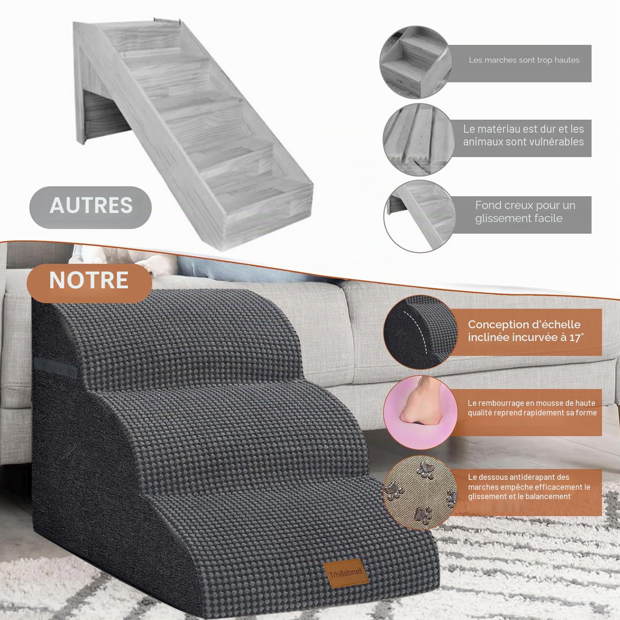 Marchepied pour Chien de 40 cm de Haut pour canapé, 40Wx60Lx40H | Marchepied en mousse pour lit ou fauteuil, escalier antidérapant pour animaux avec housse lavable