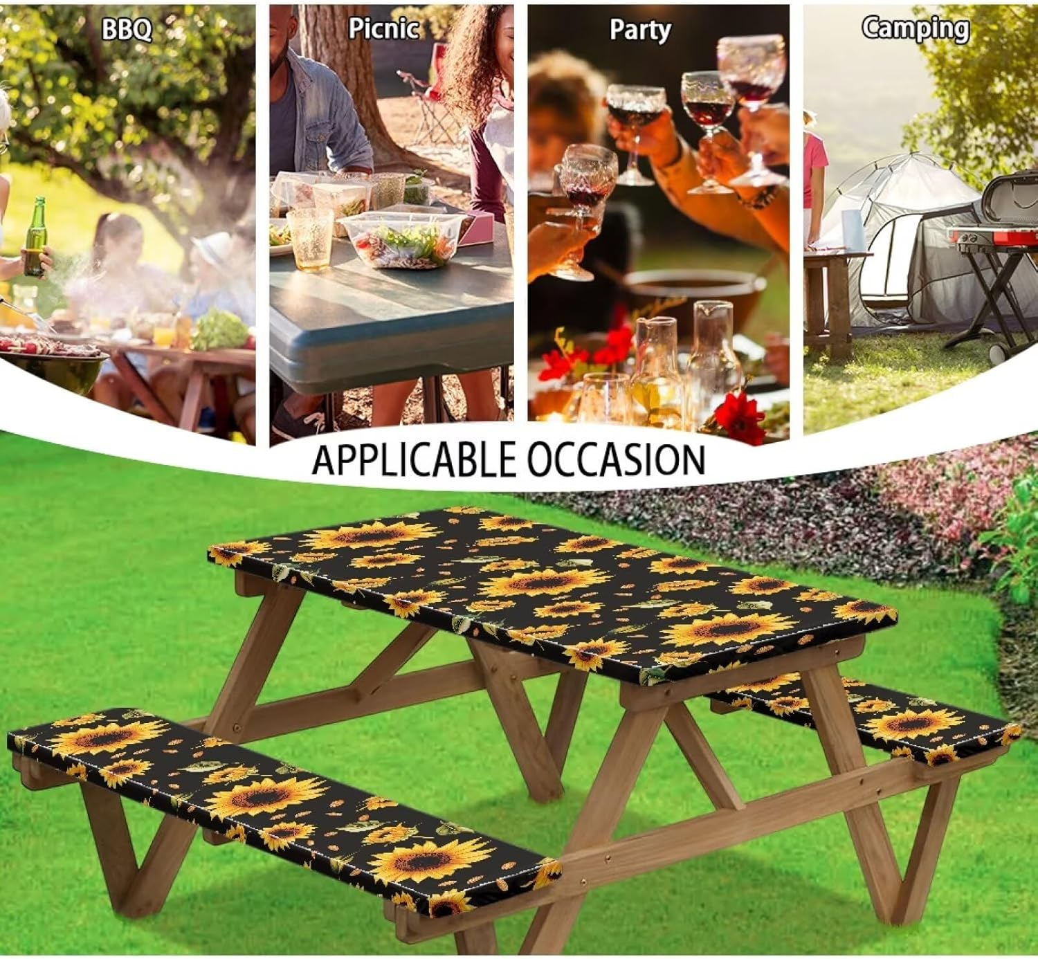 Sunflower Leaf Picnic Table Cover with Bench Covers Waterproof Fitted Rectangle Tables Patio Tablecloth Camping Gear and Essentials Rv Accessories Road Trip Supplies Car Travel Must Haves