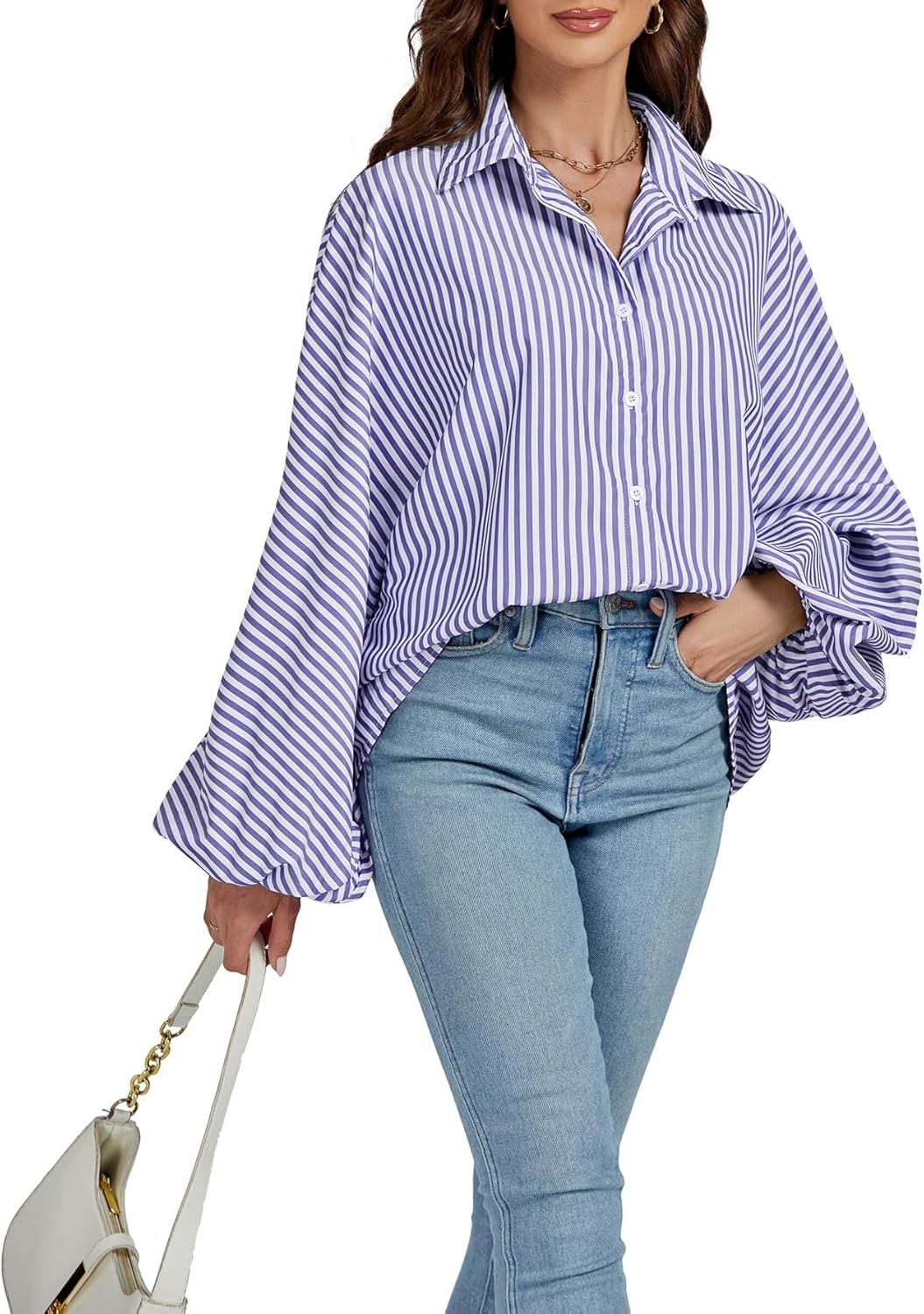 OPOIPIN Women's Striped Print Bishop Long Sleeve Collar V Neck Button Down Blouse Shirt Top - Image 4