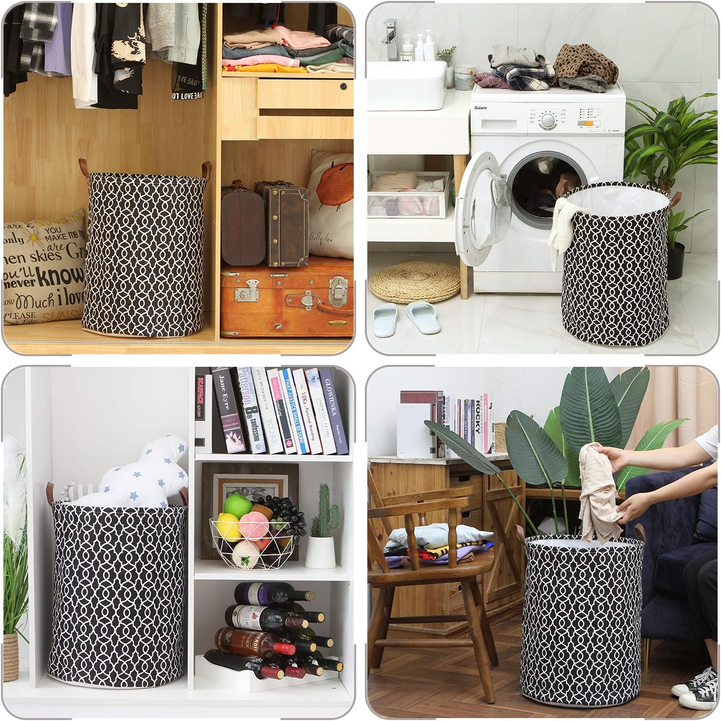 Sea Team Laundry Hamper Canvas Fabric Laundry Basket Collapsible Storage Bin with PU Leather Handles and Drawstring Closure (19.7"/Large, Geometric Pattern/Black)