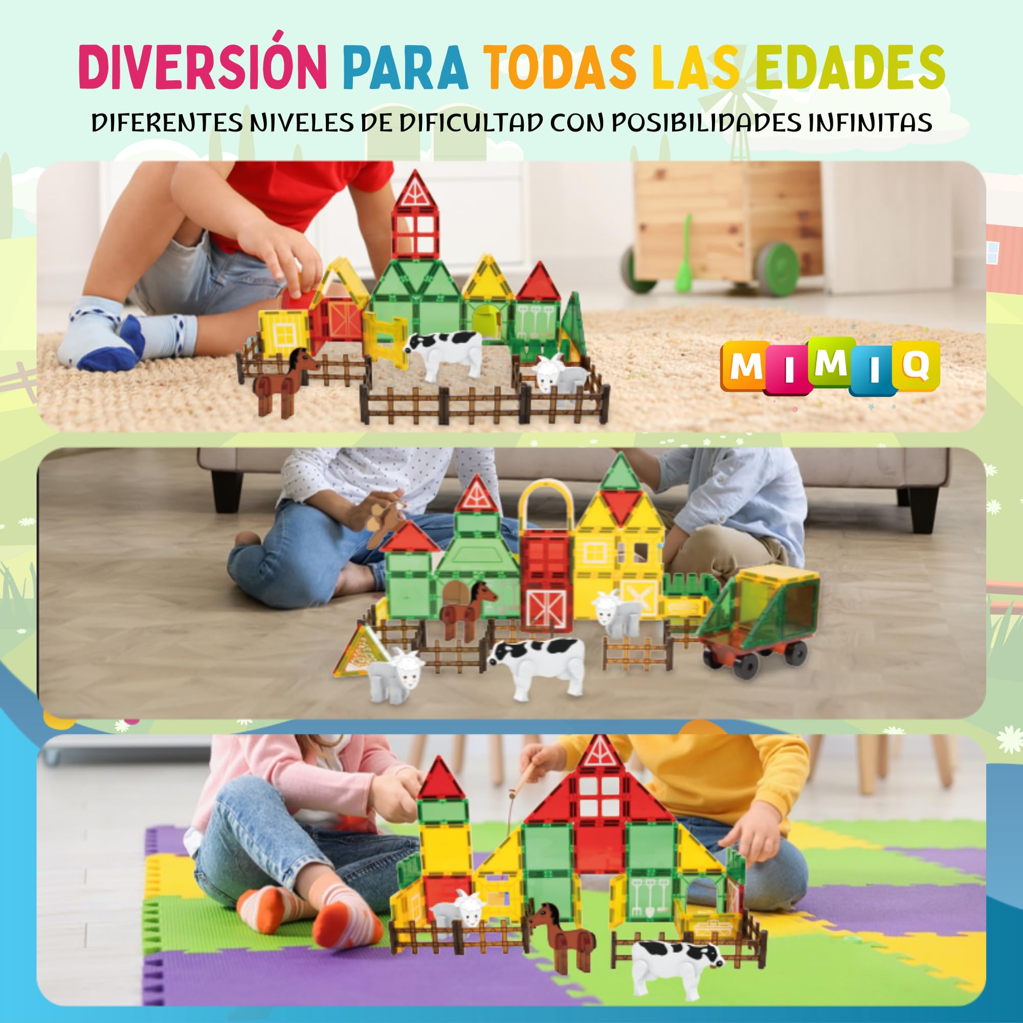 MIMIQ Bloques Magnéticos Granja Construcción Niños – 67 Piezas con 5 Animales y Camión Tractor – Juguete Montessori STEM Educativo, Regalo Niños y Niñas 3 4 5 6 7 Años