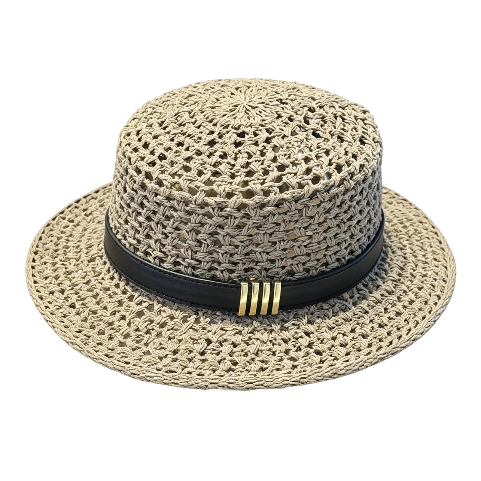 matumou Flat Top Knitted Hat, Leather Strap Wide Brim Hat, Breathable Hollow Weave Summer Hat for Outdoor Travel