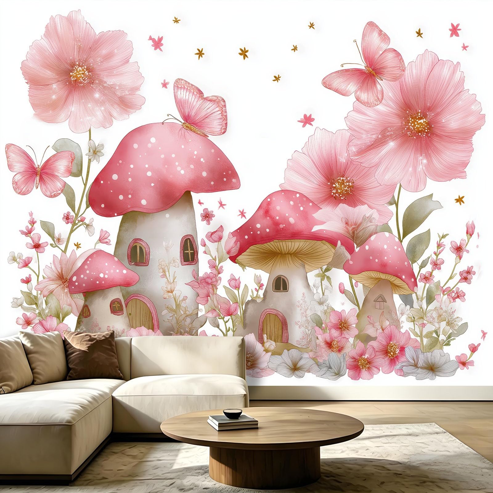 Panoramiczna tapeta Rośliny Akwarela 200 x 140 cm (dł. x wys.), dekoracja ścienna do pokoju dziecięcego salon kuchnia - gobelin unikalny i nowoczesny design - grzyby kwiaty motyle