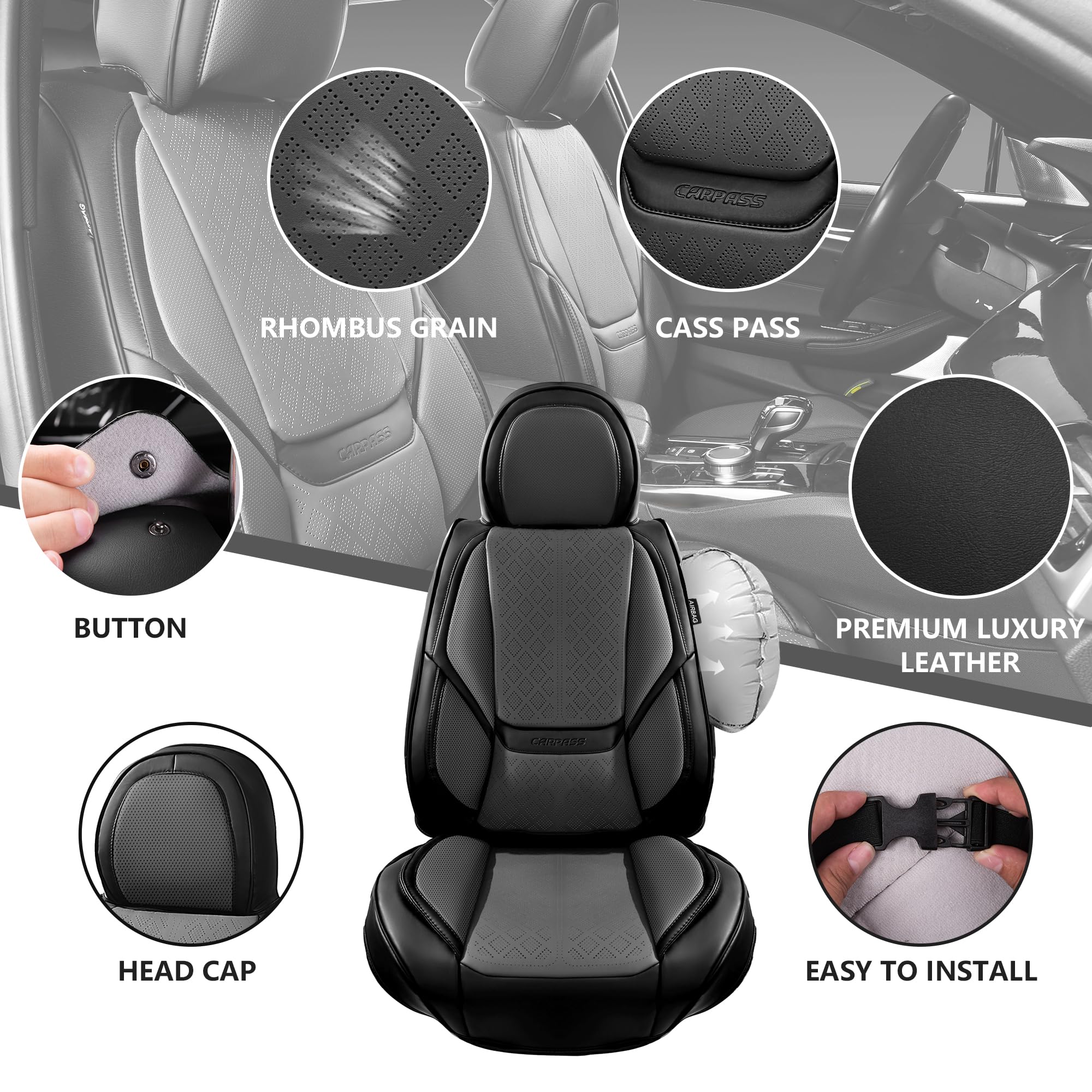 CAR PASS® Nappa Leather Car Seat Covers 5 Seat, Luxury Lumbar Support