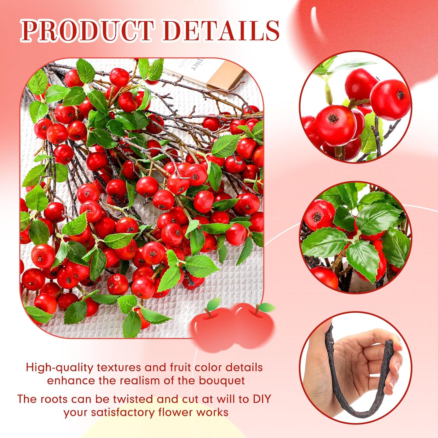 Suncalla 12 Pcs Artificial Fake Apple Branches 21.65 Inches Realistic Faux Berry Stems Fall Decorations for Home Fake Fruit Plant for Vase Filler Centerpieces Harvest Decorations (Red)