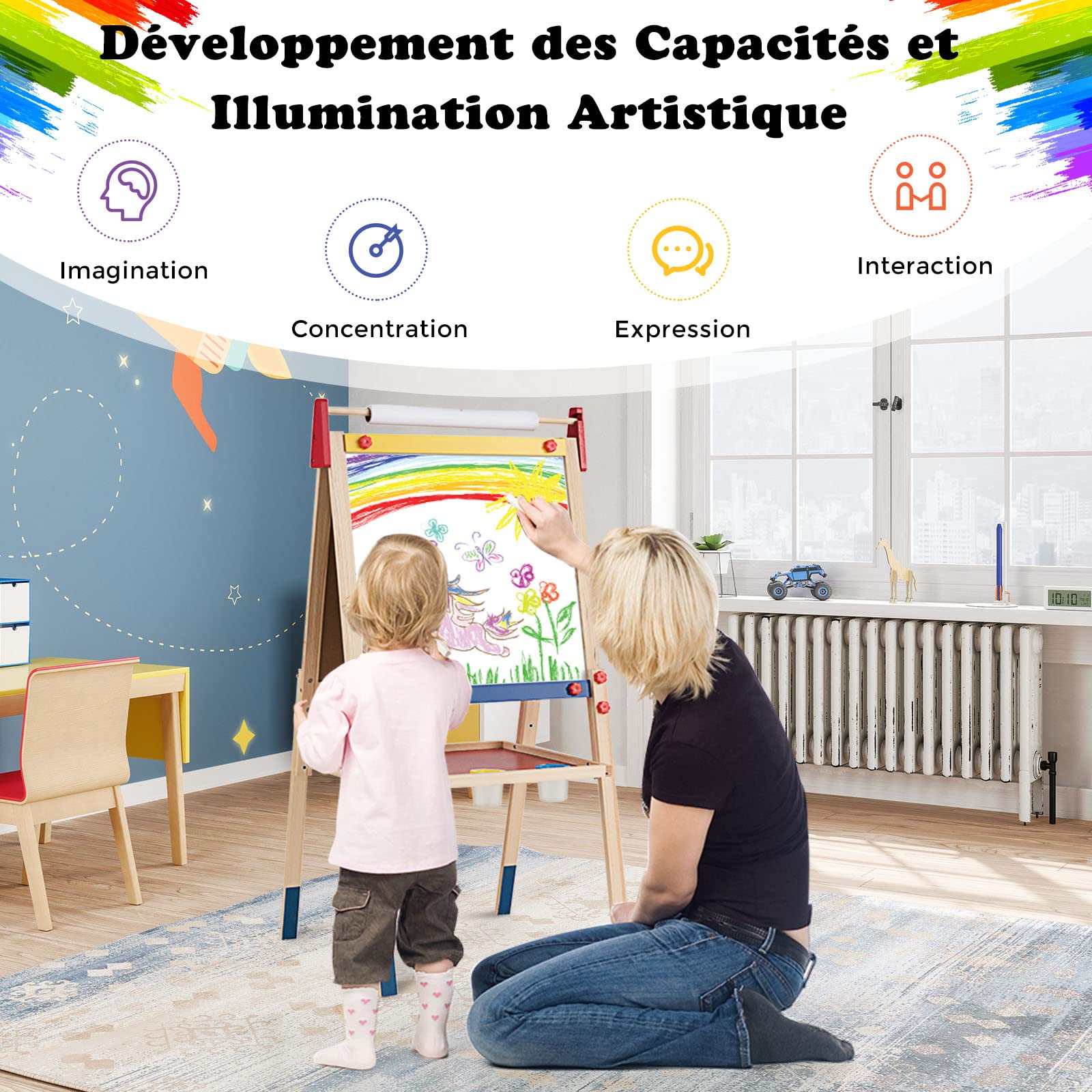 DREAMADE Chevalet Enfants Multifonctionnel 3 en 1, Tableau à Dessin Magnétique sur Pieds, Double Face, 3 Hauteurs Réglables, Noir et Blanc, Autocollants Magnétiques
