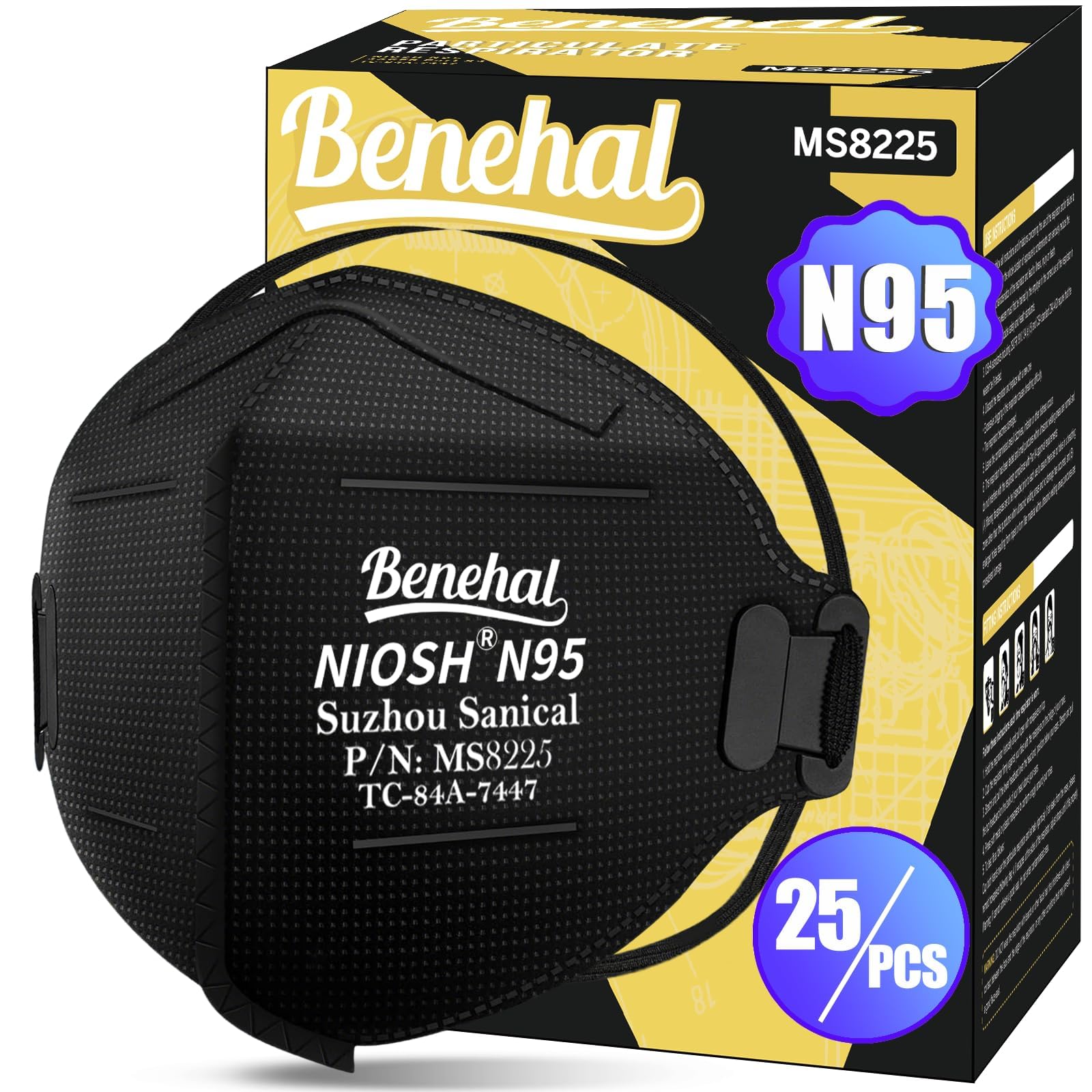 NIOSH Approved N95 Face Masks Particulate Respirators, Pack of 25 N95 Masks, Individually Wrapped, Black
