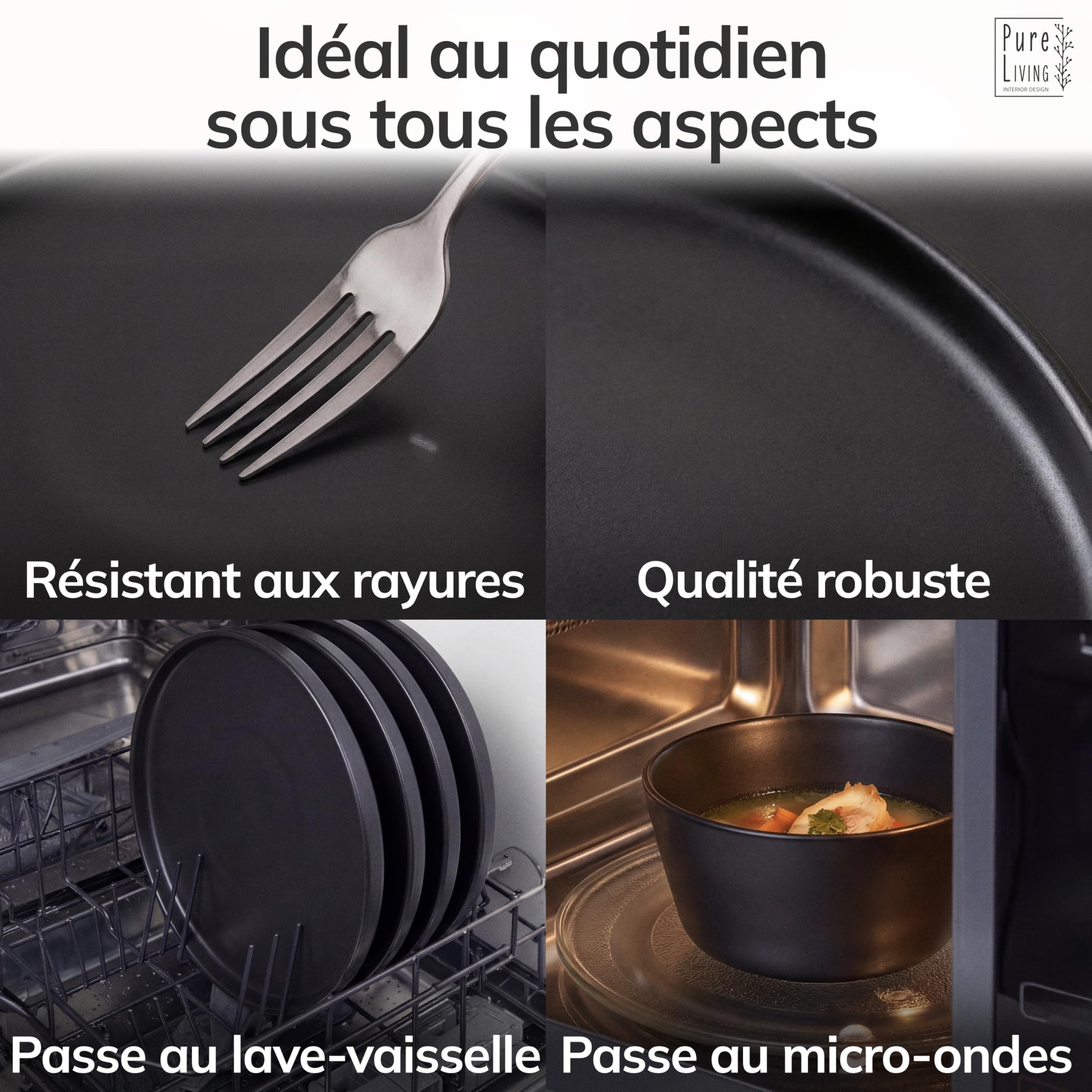 Ensemble de Assiettes Creuses 6 pièces Manhattan Noir Mat - Faïence Premium, Lave-vaisselle, Micro-ondes - Assiettes Stylishes, Service Vaisselle - Collection Pure Living Urban Black Line