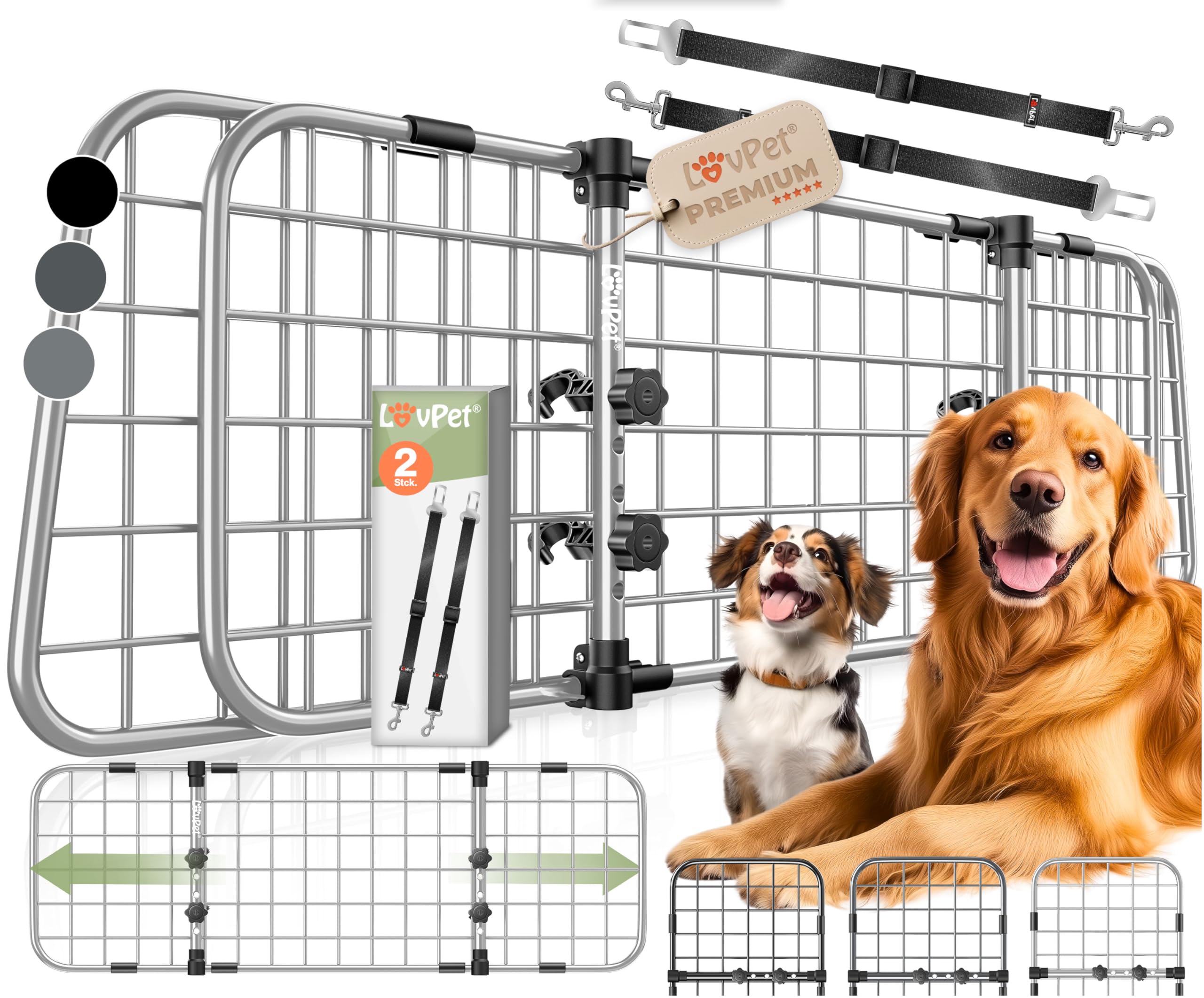 LOVPET® Hundegitter Auto Kofferraum – Universal Trenngitter für Hunde, verstellbar 92–152 cm, ohne Bohren & einfache Montage, Hundeschutzgitter Gepäckgitter Auto inkl. 2 Sicherheitsgurte, Grau
