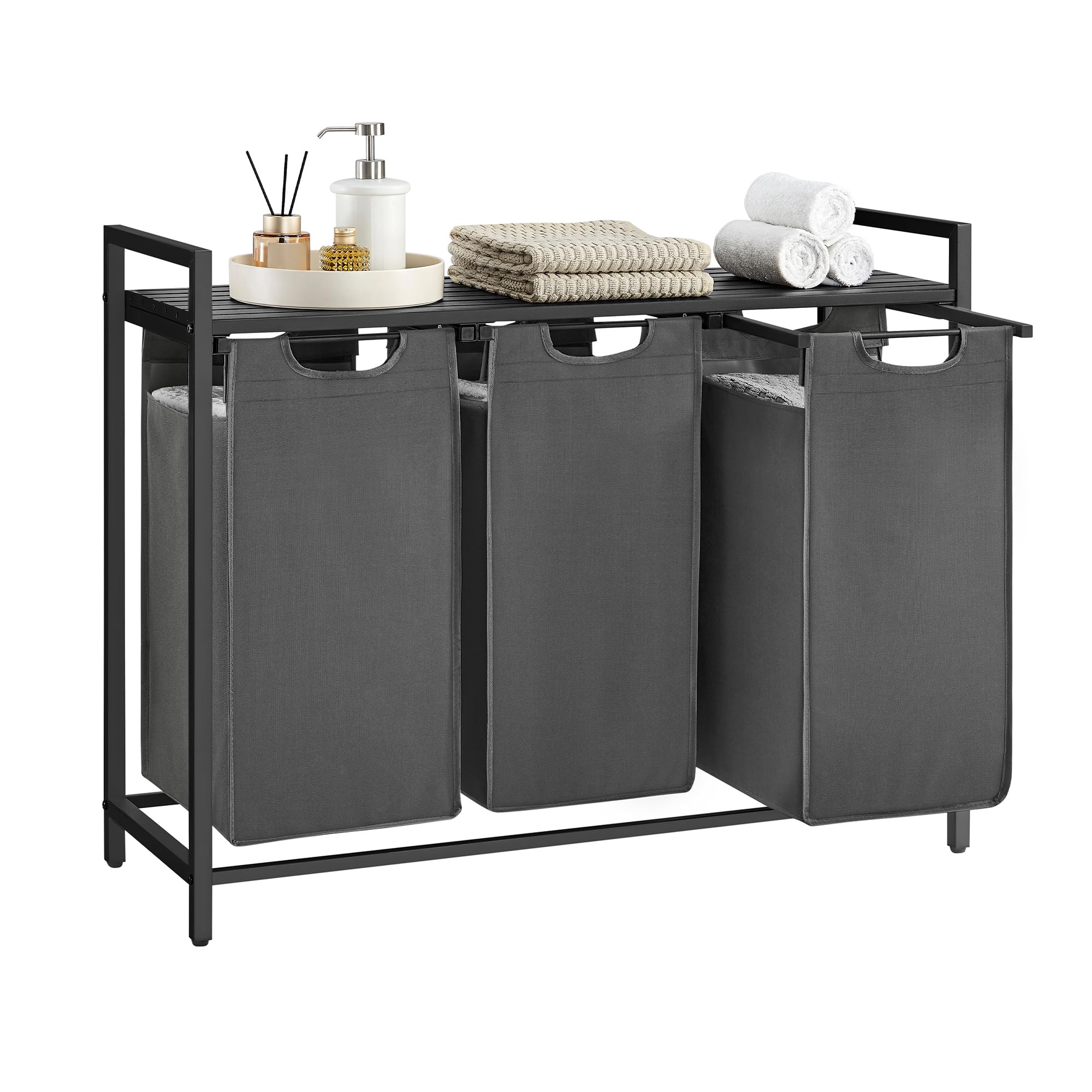 VASAGLE Laundry Basket, 3-Compartment Laundry Hamper, Pull-Out and Removable Liner Bags, Clothes Sorter, Shelf, Metal Frame, 3 x 40 L, 92.5 x 33 x 72 cm, Slate Grey and Charcoal Grey BLH301G01 — image 1
