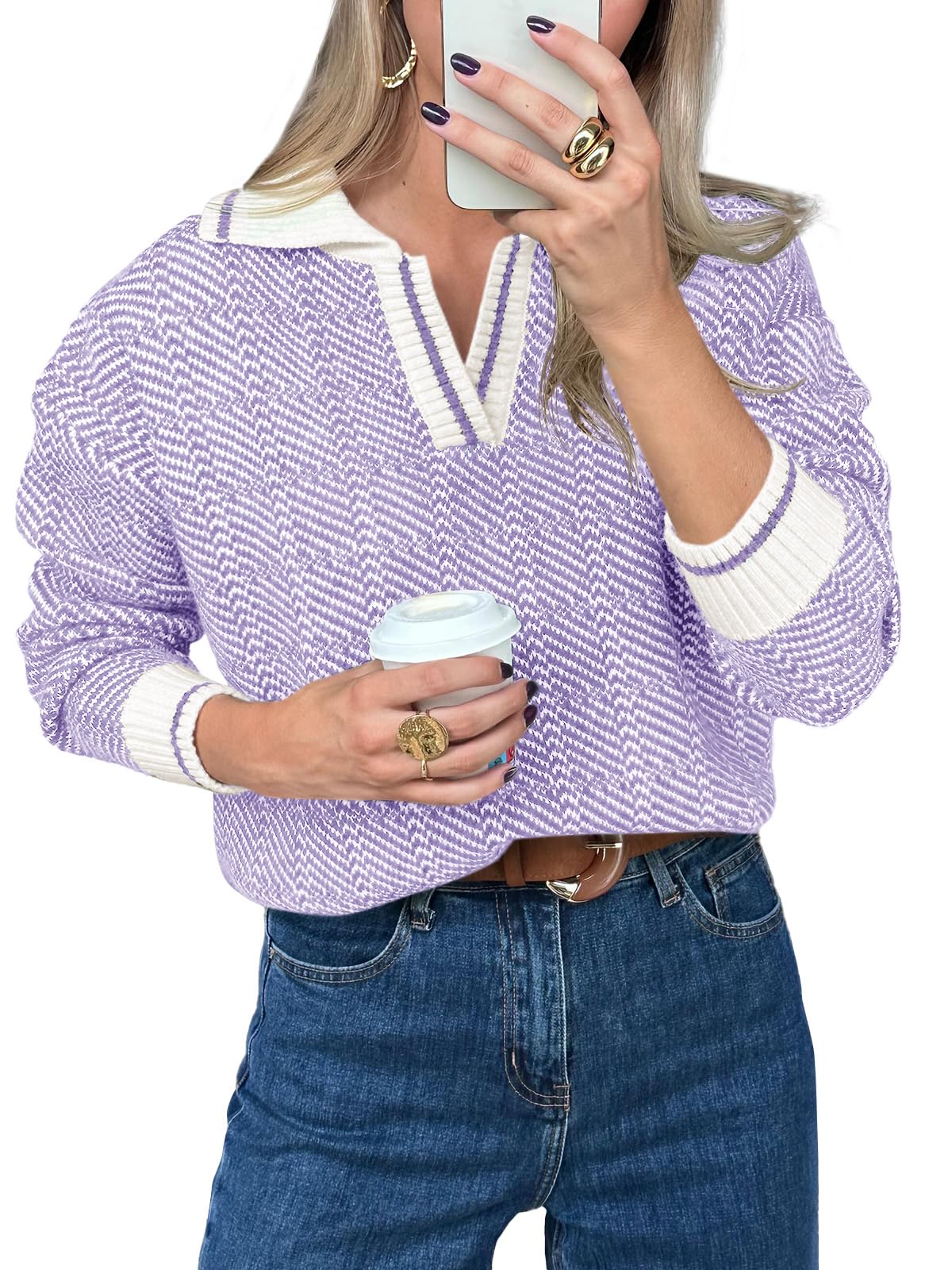 Saodimallsu Womens Fall Sweaters Tops Lapel V Neck Knit Sweater Color Block Long Sleeve Casual Soft Pullover Shirt