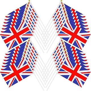 100 Pcs British Stick Flags British Union Flags 5 x 8 Inch Coronation Souvenir Decorations Handheld Mini UK Flag White Red Blue Hand Waving Flag with 12 Inch Plastic Pole Spear Tip