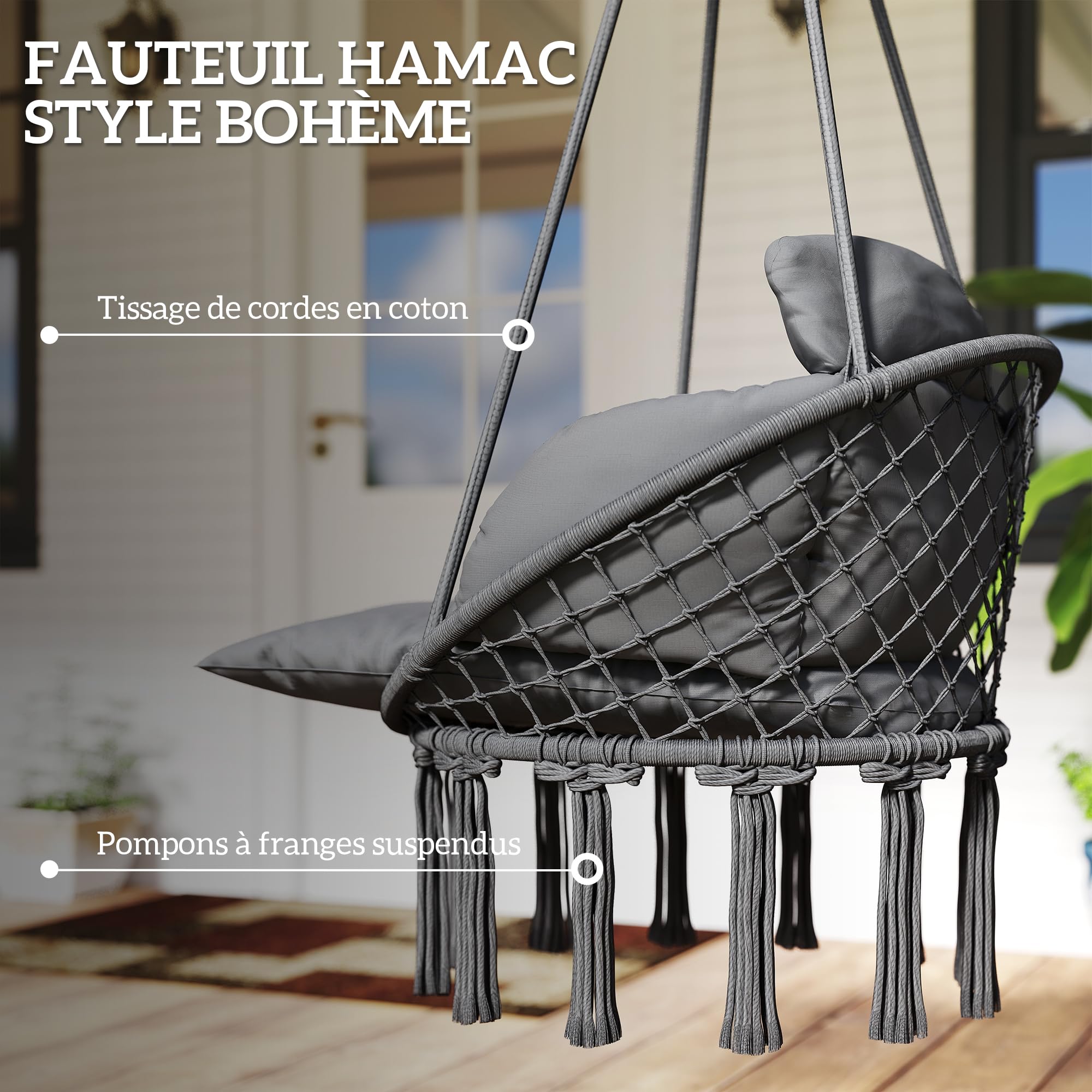 Outsunny Chaise Suspendue avec Grand Coussin rembourré, Fauteuil Suspendu à Franges, kit de Suspension Inclus, hamac Cadre en Acier, Tissage serré, Gris foncé