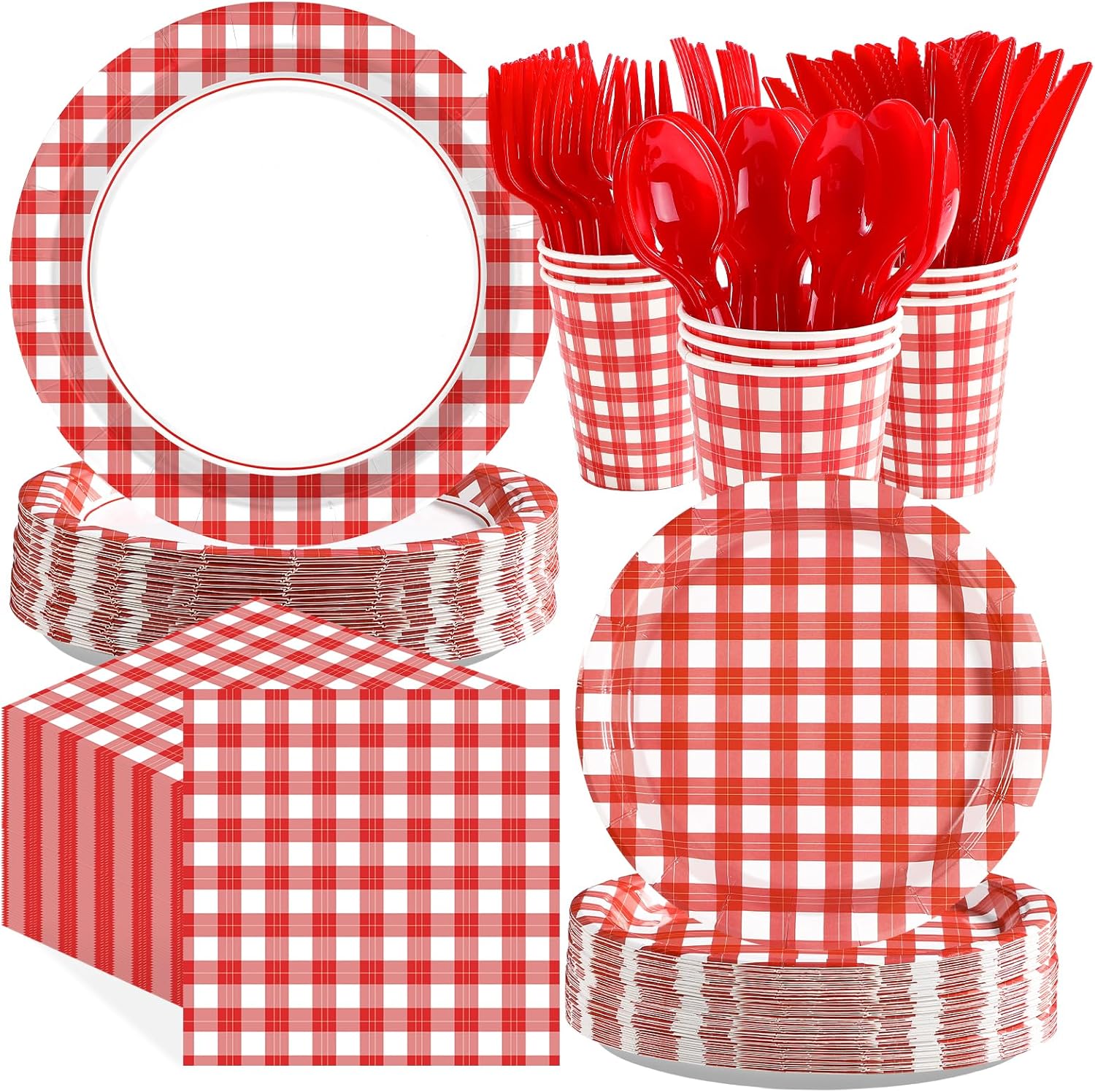 560Pcs Red Gingham Party Decorations Red and White Checkered Buffalo Plaid Plates Napkins Cups Forks Knives Spoons Tableware Set for Summer Pizza BBQ Picnic Baby Shower Birthday Party Supplies Serve80