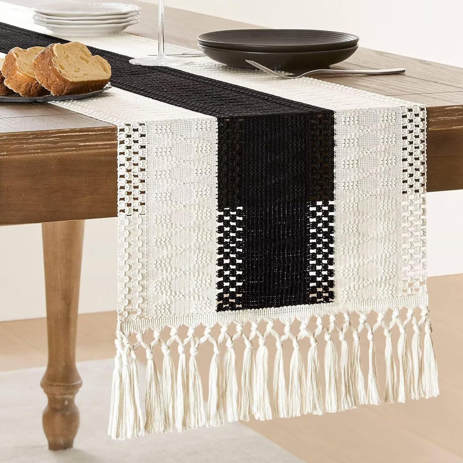 AHWEKR Table Runner, Natural Hessian Dining Table Runner Rustic Cotton Linen Table Runner with Tassels Home Holiday Party Decor Table Centrepiece Fireplace Mantle Runner，30x140cm