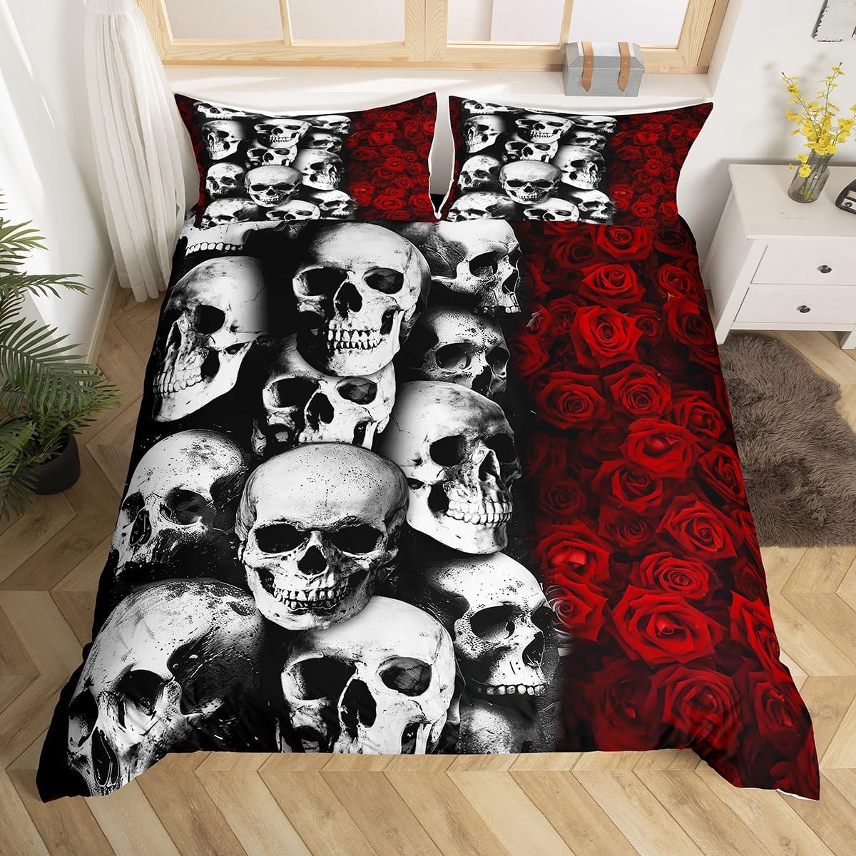 Erosebridal Floral Skull Comforter Cover Red Rose Sugar Skull Duvet Cover Set for Kids Boys Girls Gothic Skull Bedding Set Skeleton Bones Hipster Quilt Cover with 2 Pillow Cases King Size Halloween