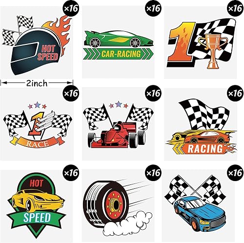 Miniatura 2 de 144 piezas de tatuajes temporales de autos de carreras, calcomanías de autos de carreras, dos regalos de fiesta de autos de carreras rápidas,