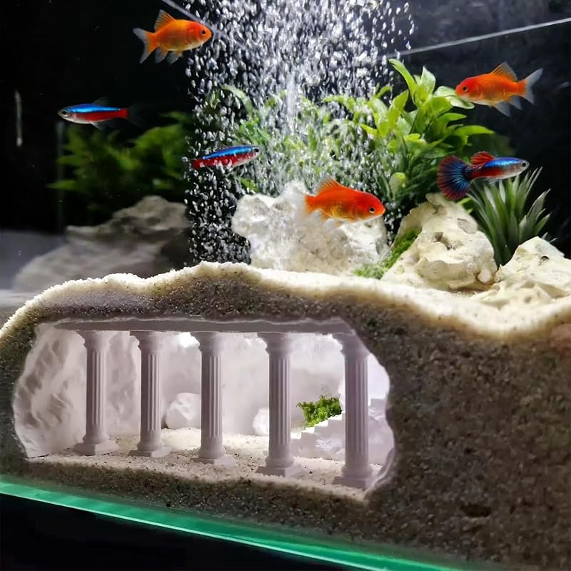 Caverna Túnel para Aquário LIYAOLI com Portas de Visualização, Enfeite para Peixes, Camarões e Corydoras, Base que Afunda — M - Roman Columns - White
