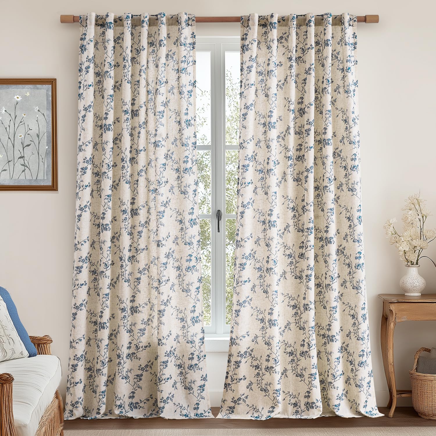 jinchan Linen Floral Curtains for Living Room 96 Inch Length Blue Printed Curtains Back Tab French Country Farmhouse Flower Patterned Drapes Bedroom