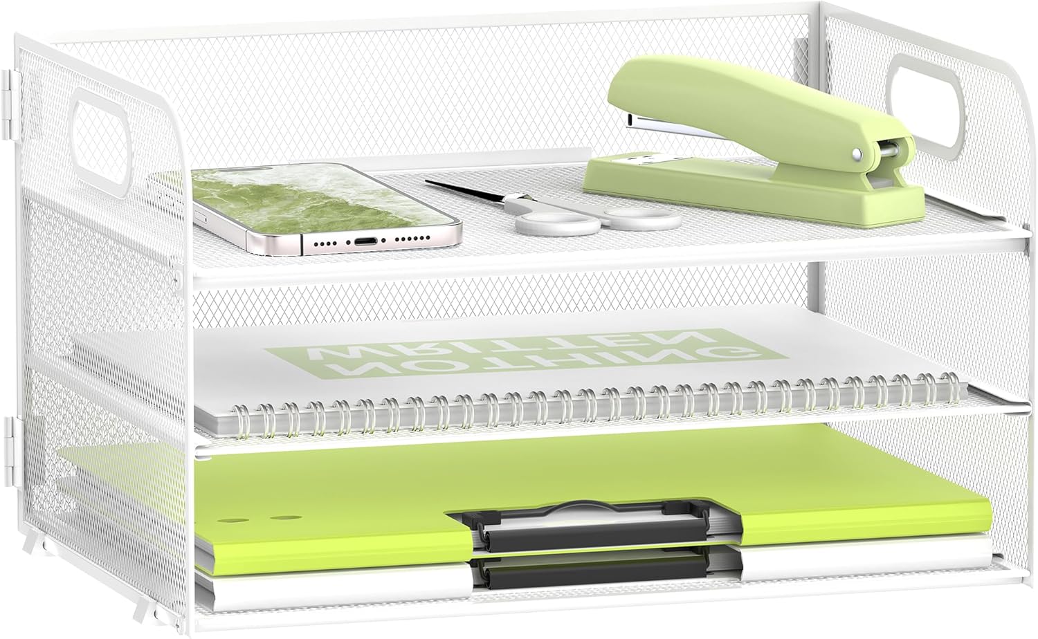 Daltack Organizador de papel de 3 niveles con asa, bandeja de escritorio de malla para carpetas de archivos A4, color blanco