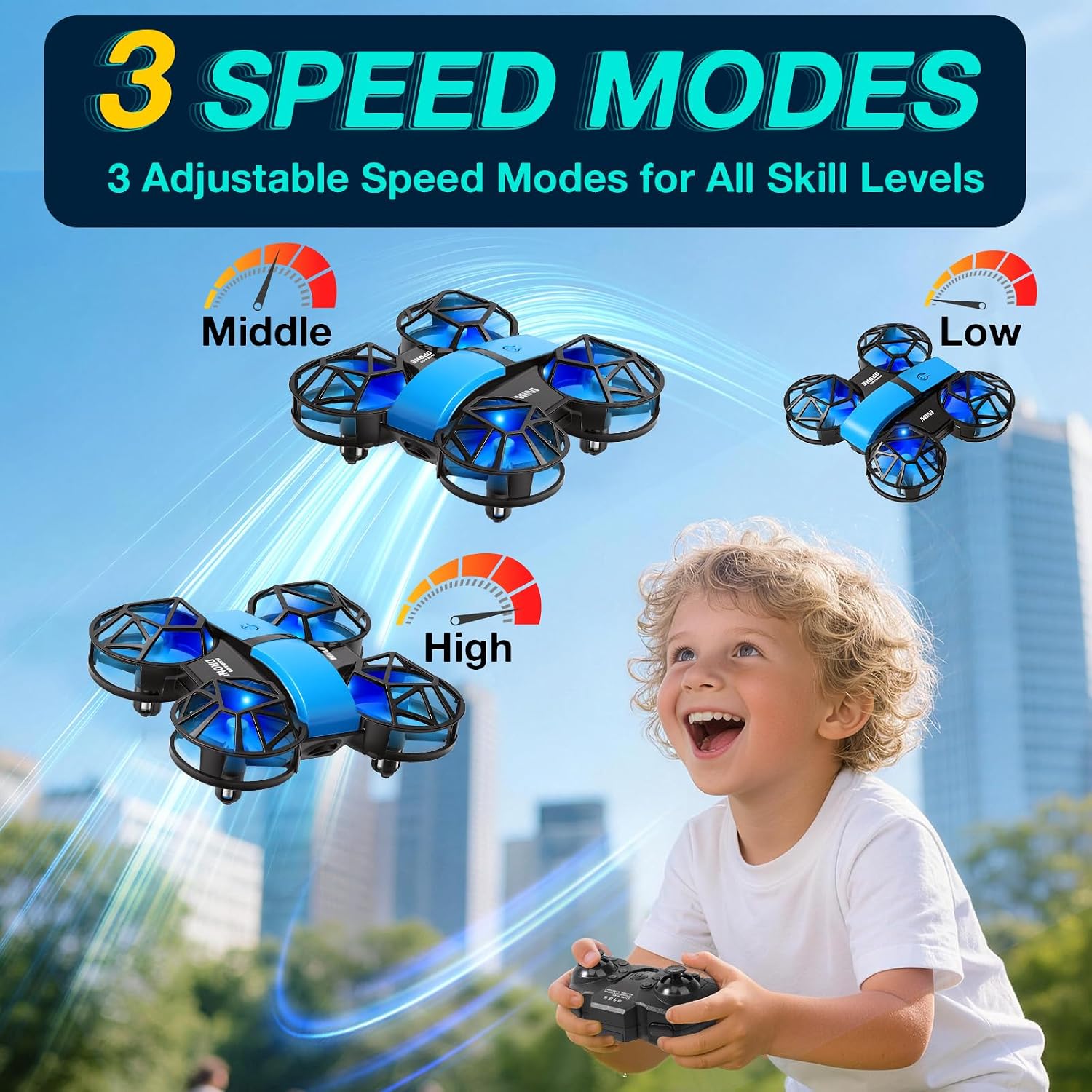 Blue Mini Drone for Kids, Indoor & Outdoor RC Quadcopter, Full Propeller Guards, LED Light, 3D Flips, One Key Start, Headless Mode, 2 Rechargeable Batteries, 21 Mins Total Flight Time, Toy Gift for Boys and Girls