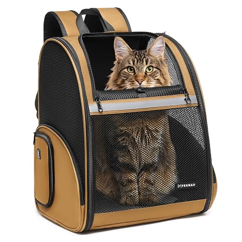 FERMAO Pet Backpack Carrier Up to 20 Lbs (Brown-XL)
