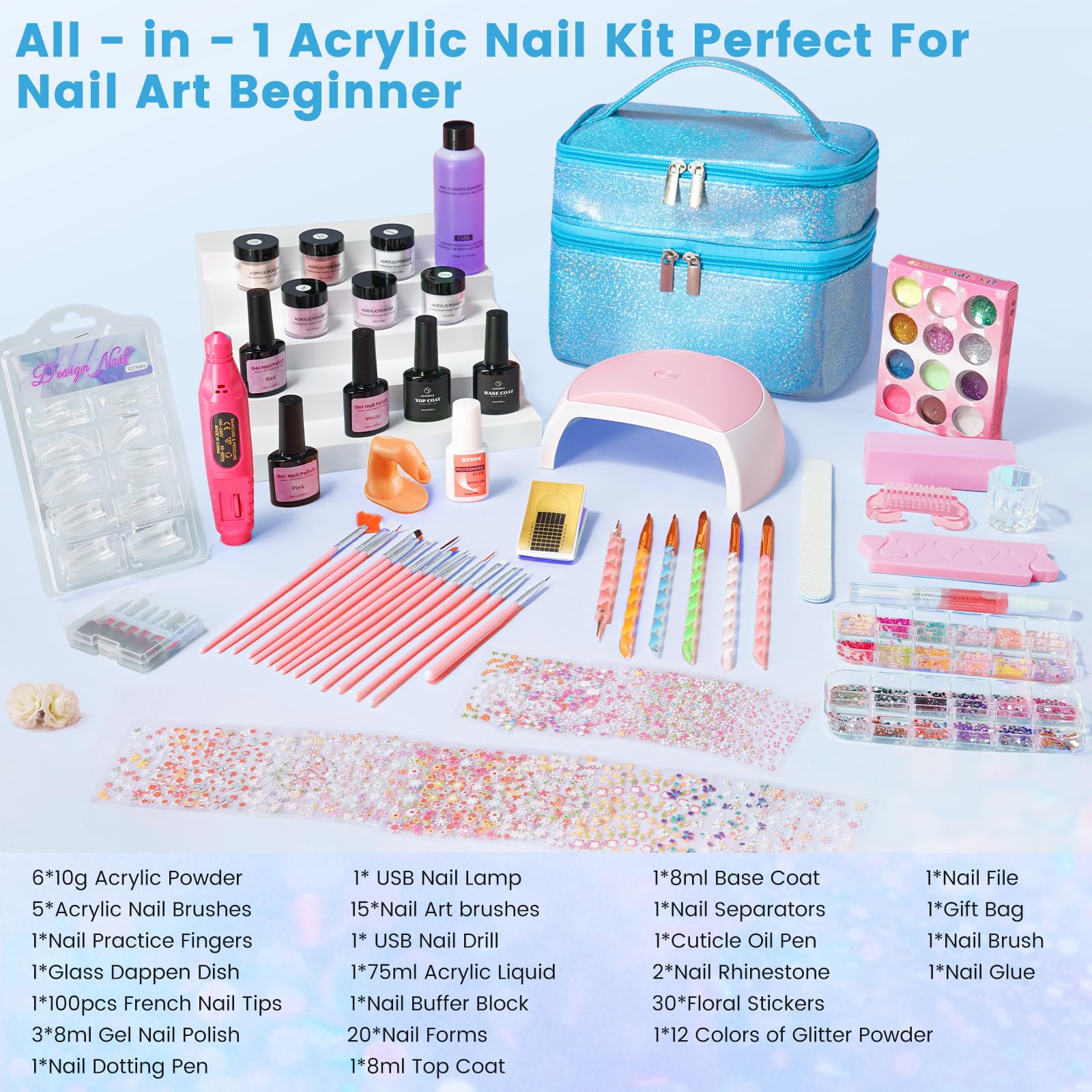 Deciniee Kit per unghie acriliche: set completo di polvere acrilica per unghie con lampada UV/trapano elettrico per unghie/punte per unghie finte/manicure gel per unghie set completo per principianti