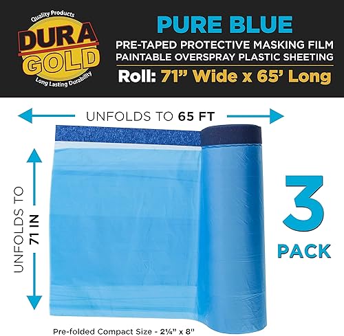 Miniatura 2 de Dura-Gold Película de enmascaramiento precintada azul puro de 71 pulgadas x 65 pies, paquete de 3 rollos de plástico para pintores (0.4 mil), hoja