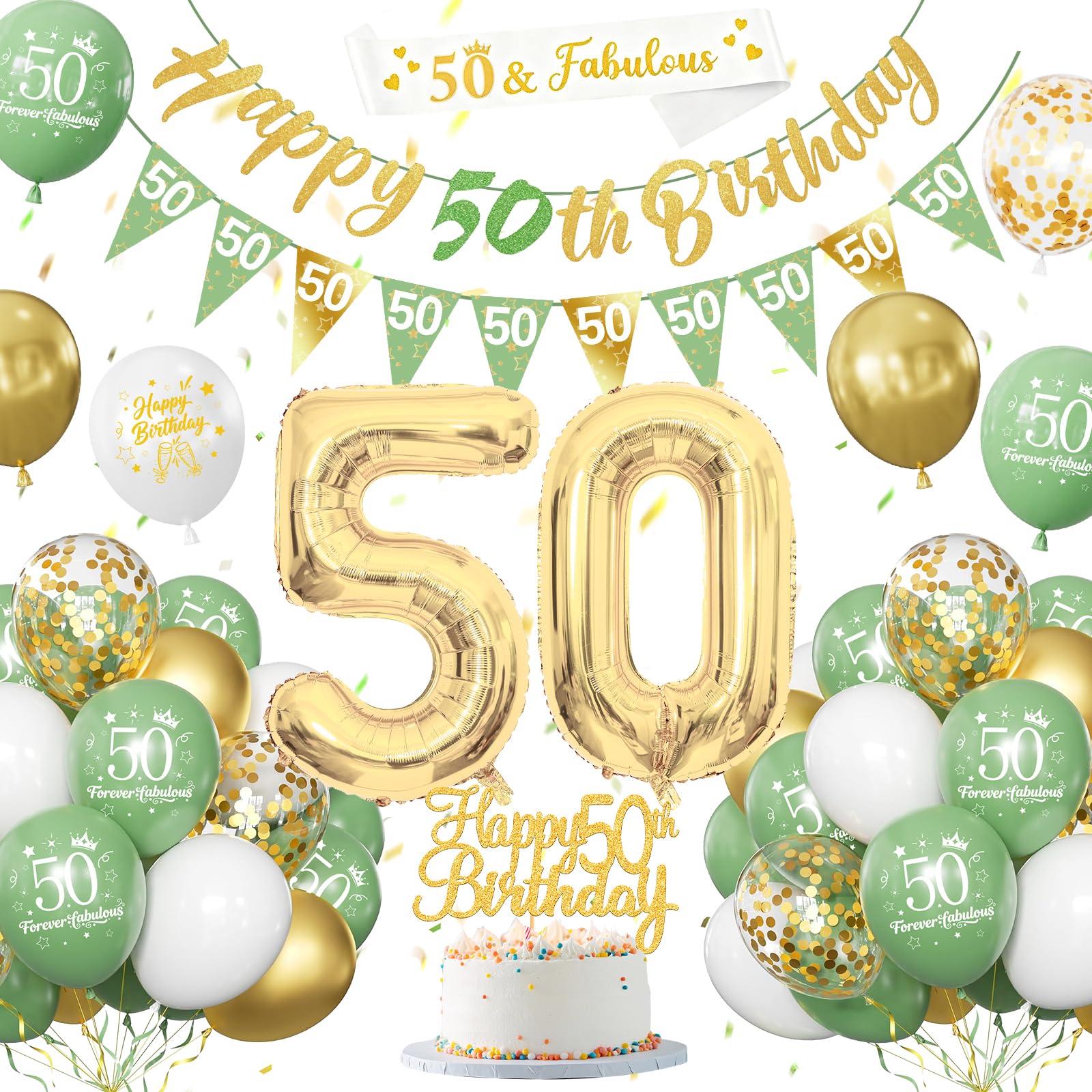 50th Birthday Decorations for Women Men, Sage Green Gold Birthday Decoration with Banners Balloons Cake Topper Sash Triangle Flag for 50th Party Decor