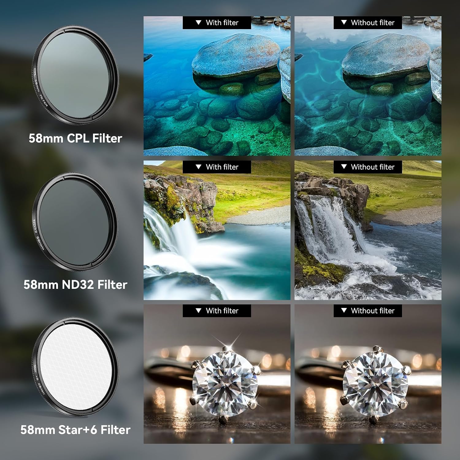 APEXEL 58mm Phone Camera Filter Kit, 7 Filters with Phone Clip: