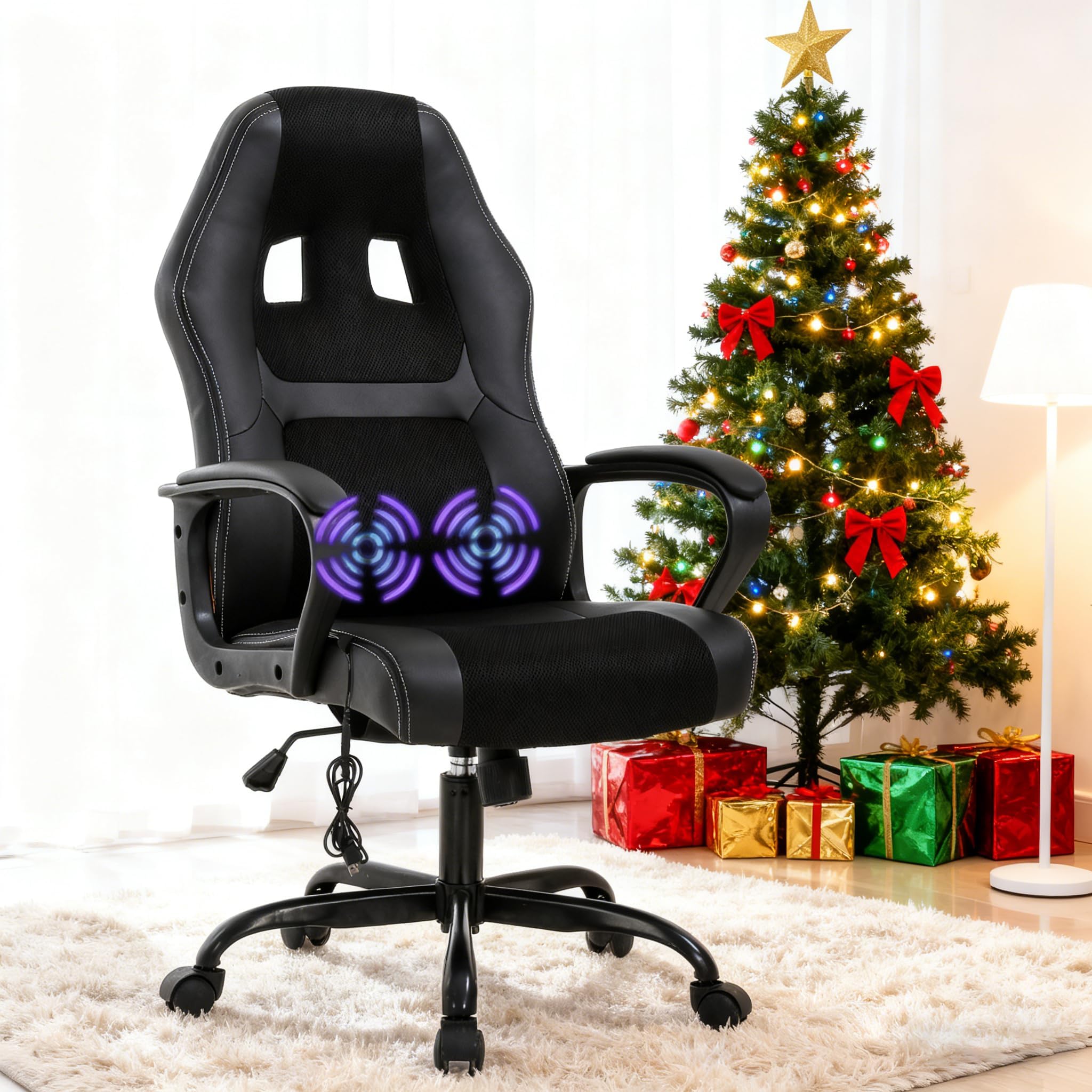 Gaming Chair Computer Office Ergonomic High Back Massage PC Desk Chairs with Lumbar Support & Padded Armrest Racing Style Cheap Adjustable Swivel Chair for Women Men Adult, Black
