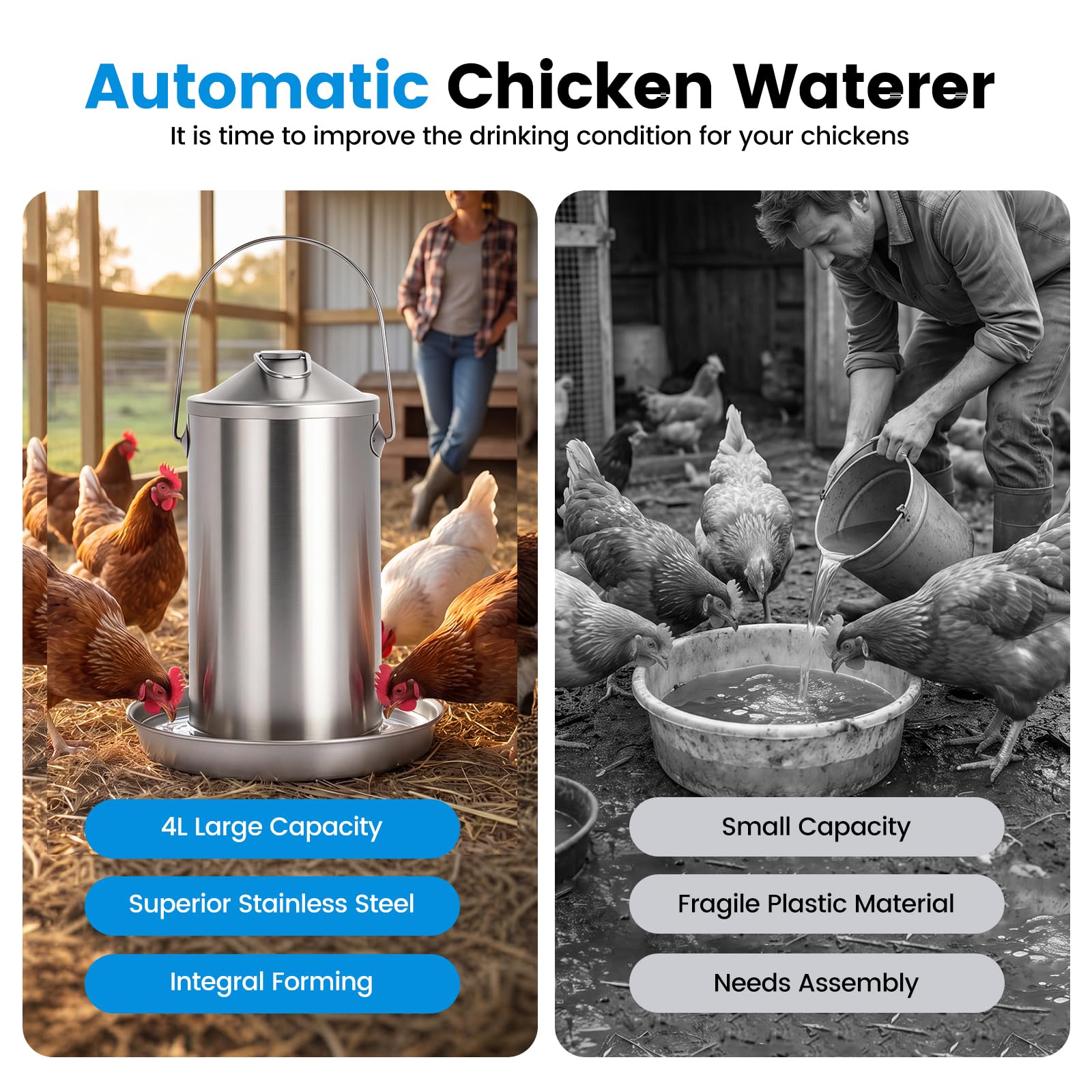 Bebedero para gallinas de acero inoxidable de 4 litros, placa calefactora compatible