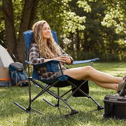 Miniatura 2 de Portal Mecedora para exteriores, plegable, portátil, con soporte para tazas, bolsa de transporte con bolsillo lateral, soporte de 350 libras (azul 1